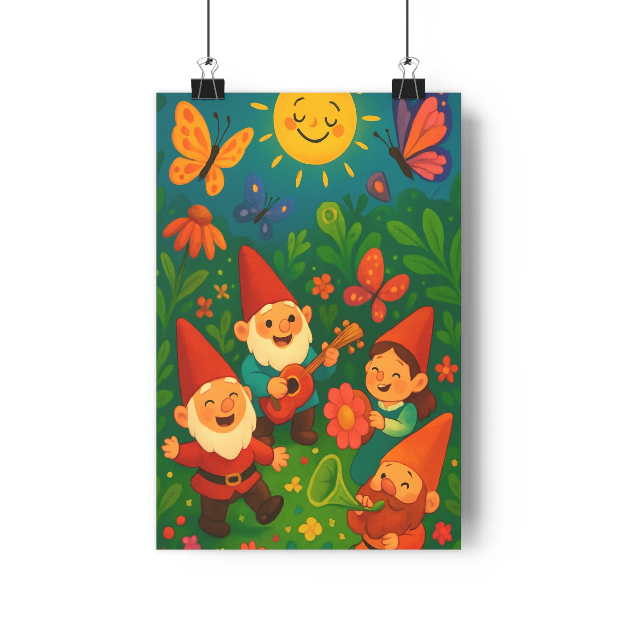 Poster décoratif enchanté vert jaune joyeux cartoon chambre enfant nature gnome papillon soleil vibrant