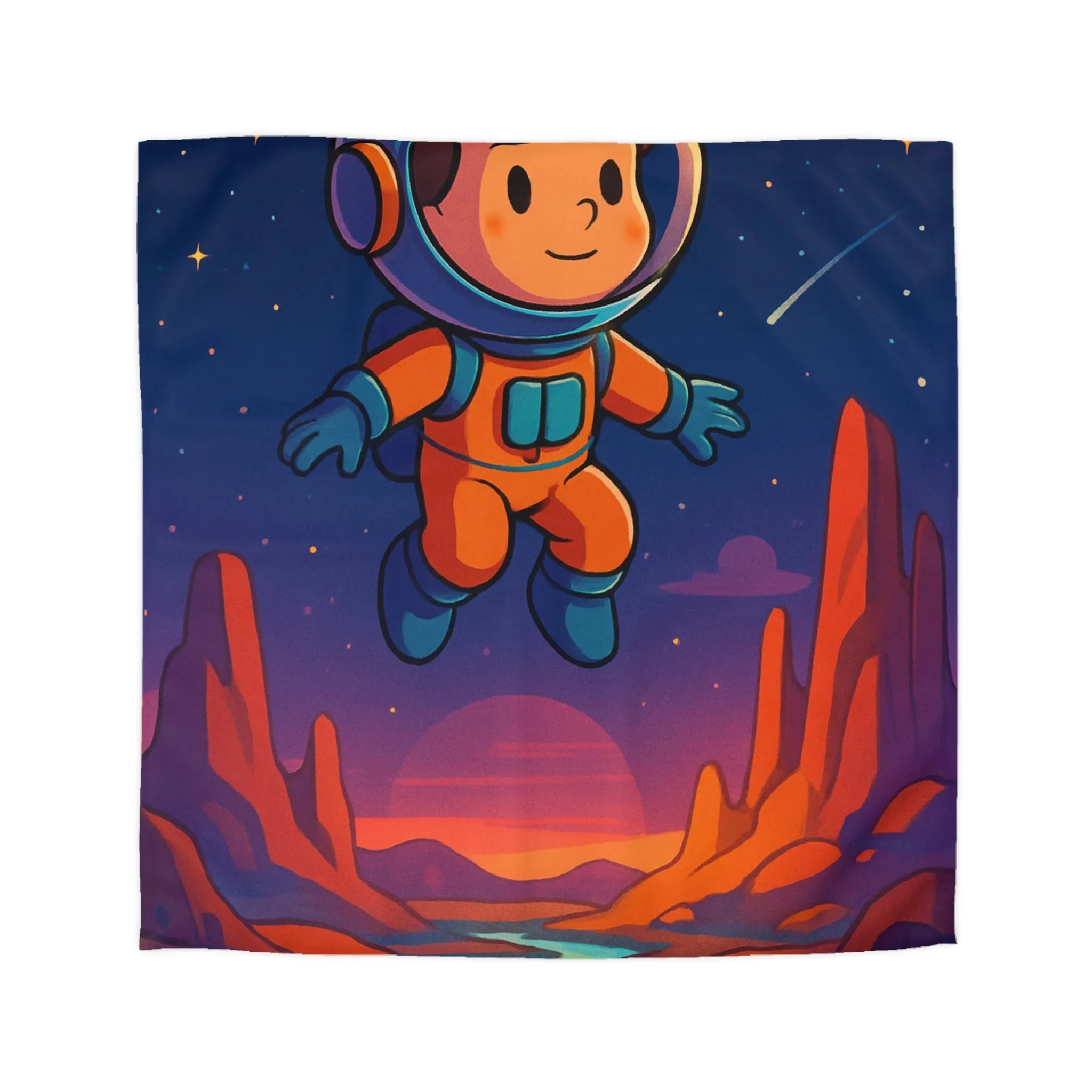 Housse de couette enfant explorateur espace, montagnes colorées, ciel étoilé, coucher de soleil