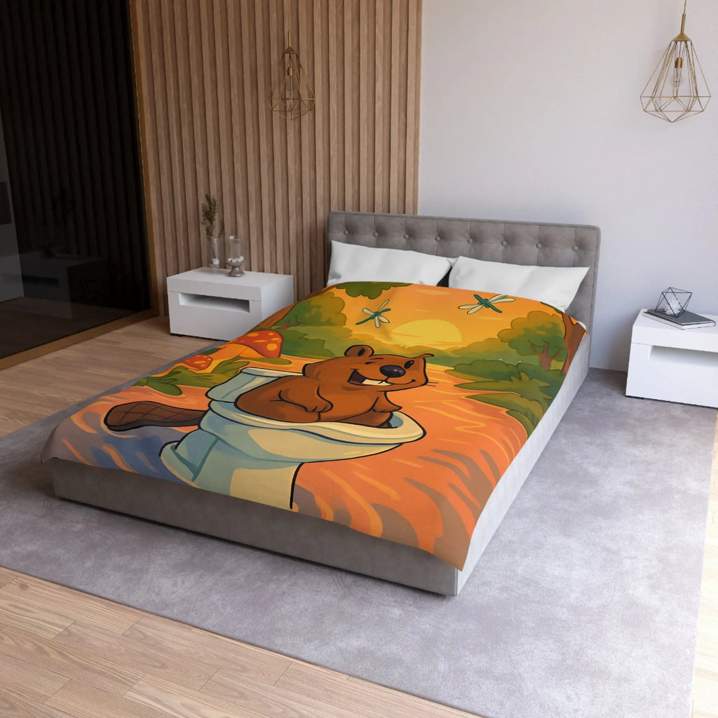 Housse de Couette Enfant Animée avec Castor Amusant et Paysage de Forêt Enchantée