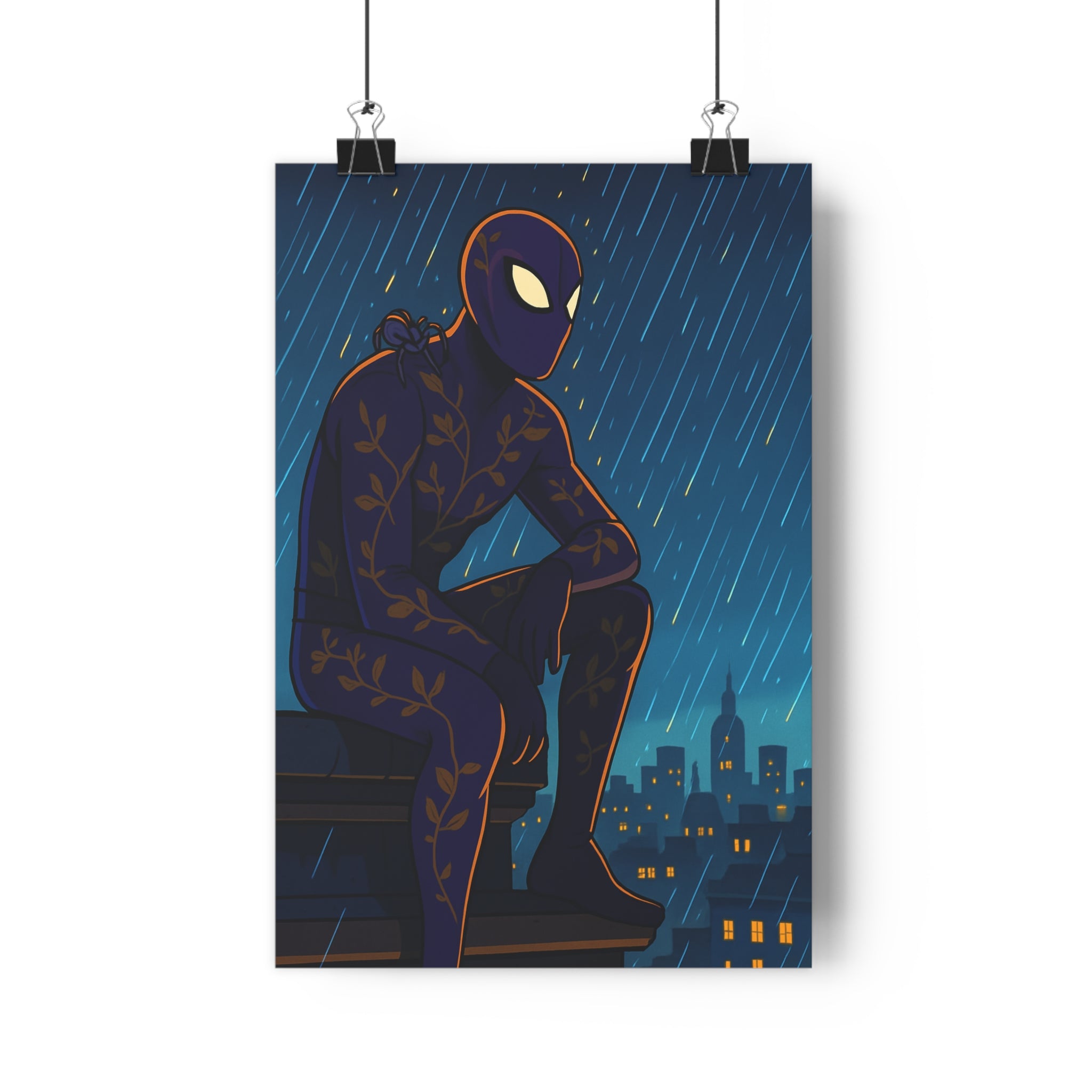 Poster décoratif sombre violet moderne mystérieux animé chambre salon personnage masqué ville pluie toit