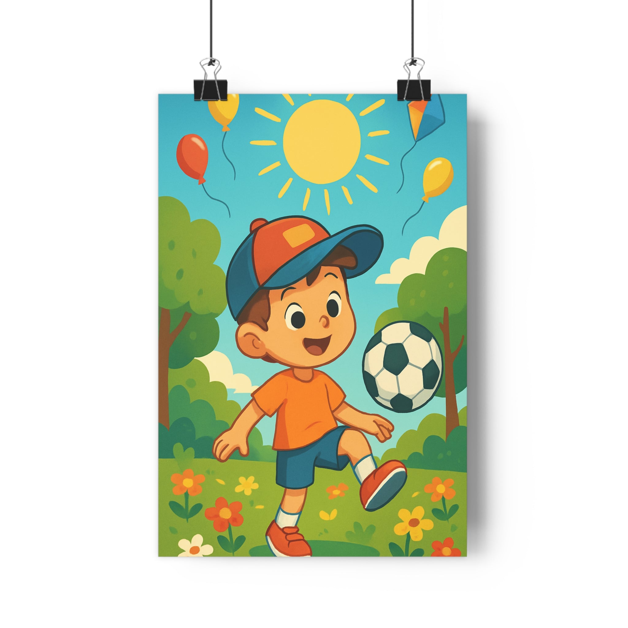 Poster décoratif coloré football enfant cartoon joyeux chambre garçon rêve nature soleil parc qualité