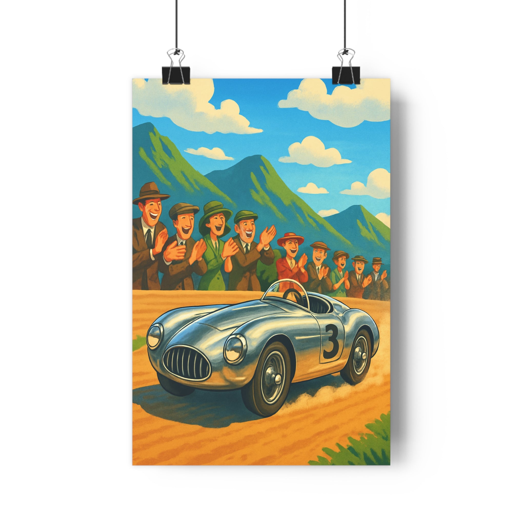 Poster décoratif vintage voiture course argenté rétro joyeux salon chambre bureau dessin animé nuages