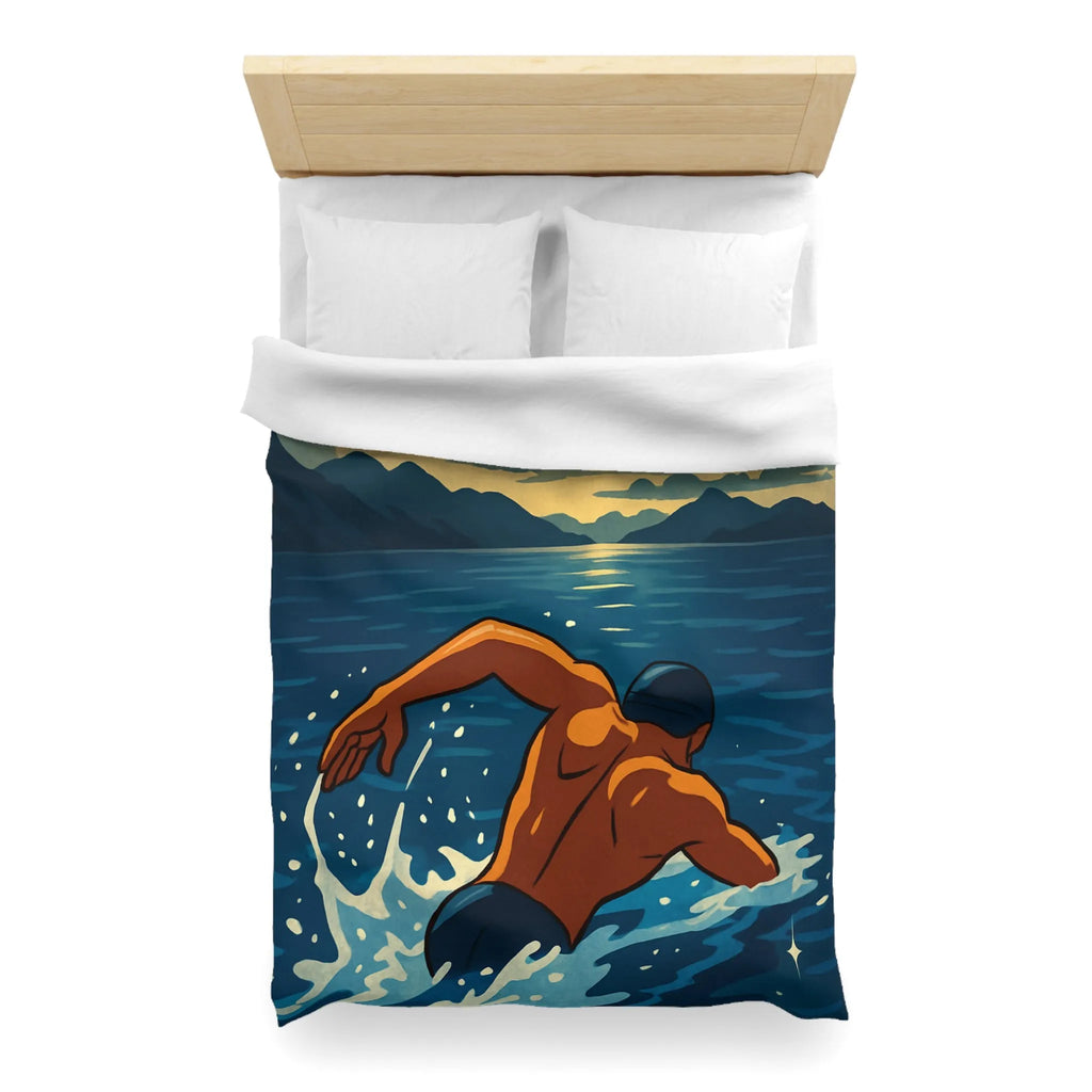 Housse de Couette avec Nageur Solitaire au Clair de Lune sur Océan Étincelant