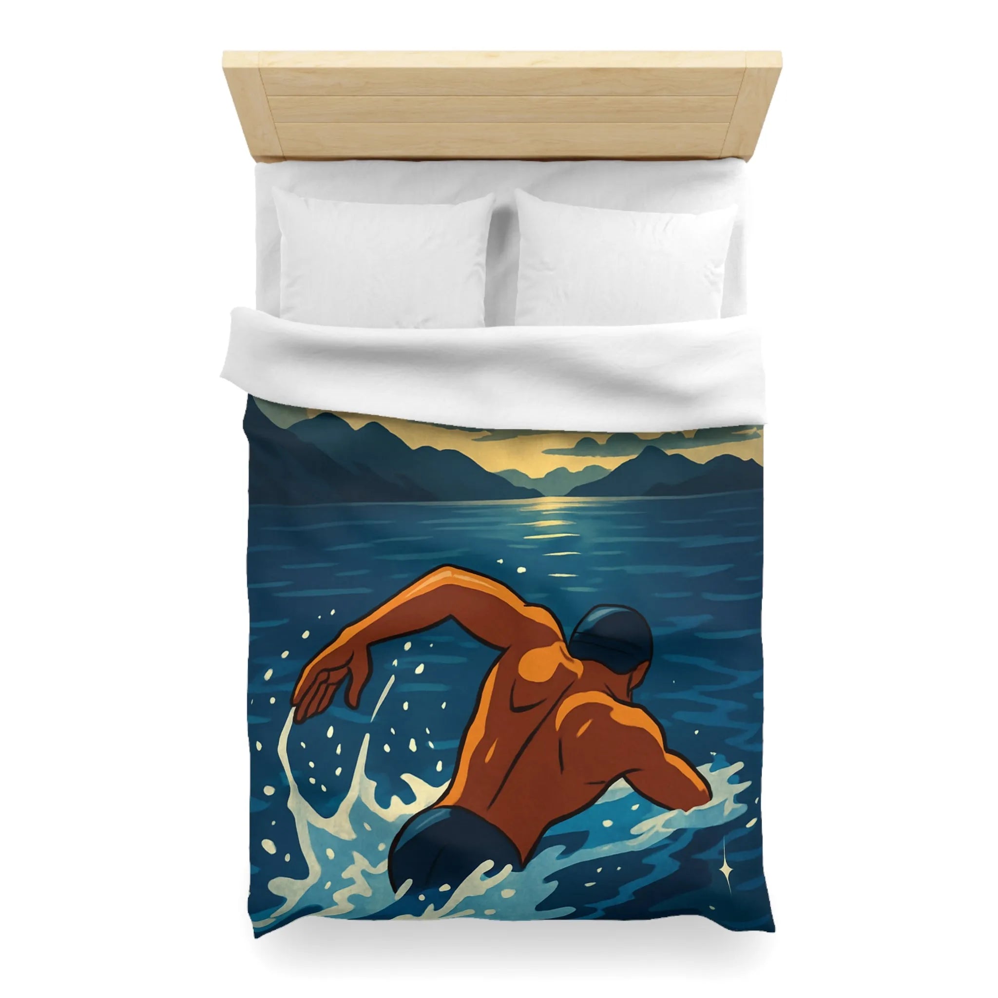 Housse de Couette avec Nageur Solitaire au Clair de Lune sur Océan Étincelant