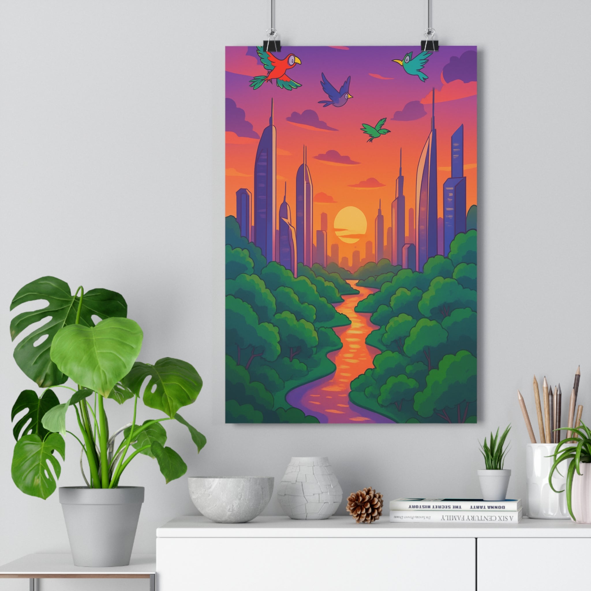 Poster décoratif urbain coucher soleil orange violet cartoon magique salon chambre tendance élégant qualité