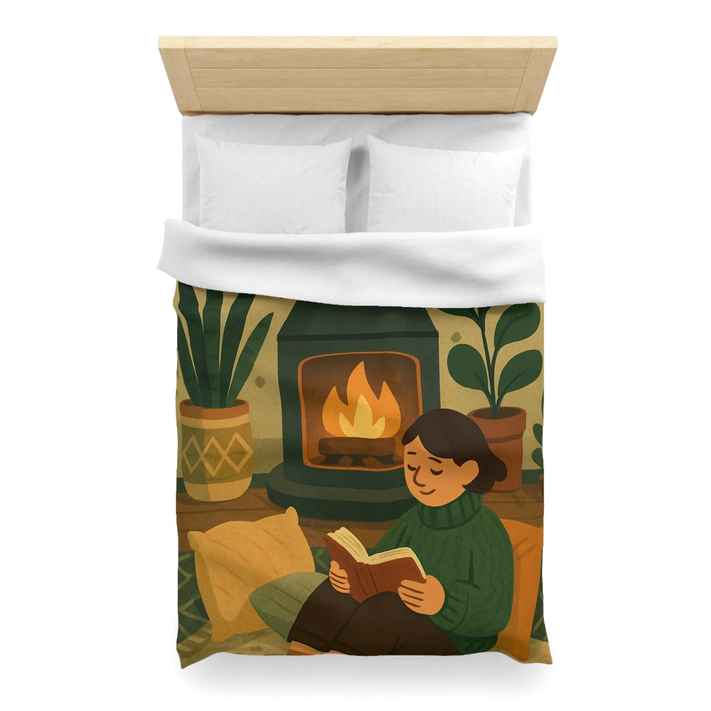 Housse de couette cosy avec cheminée et ambiance hygge, style scandinave relaxant