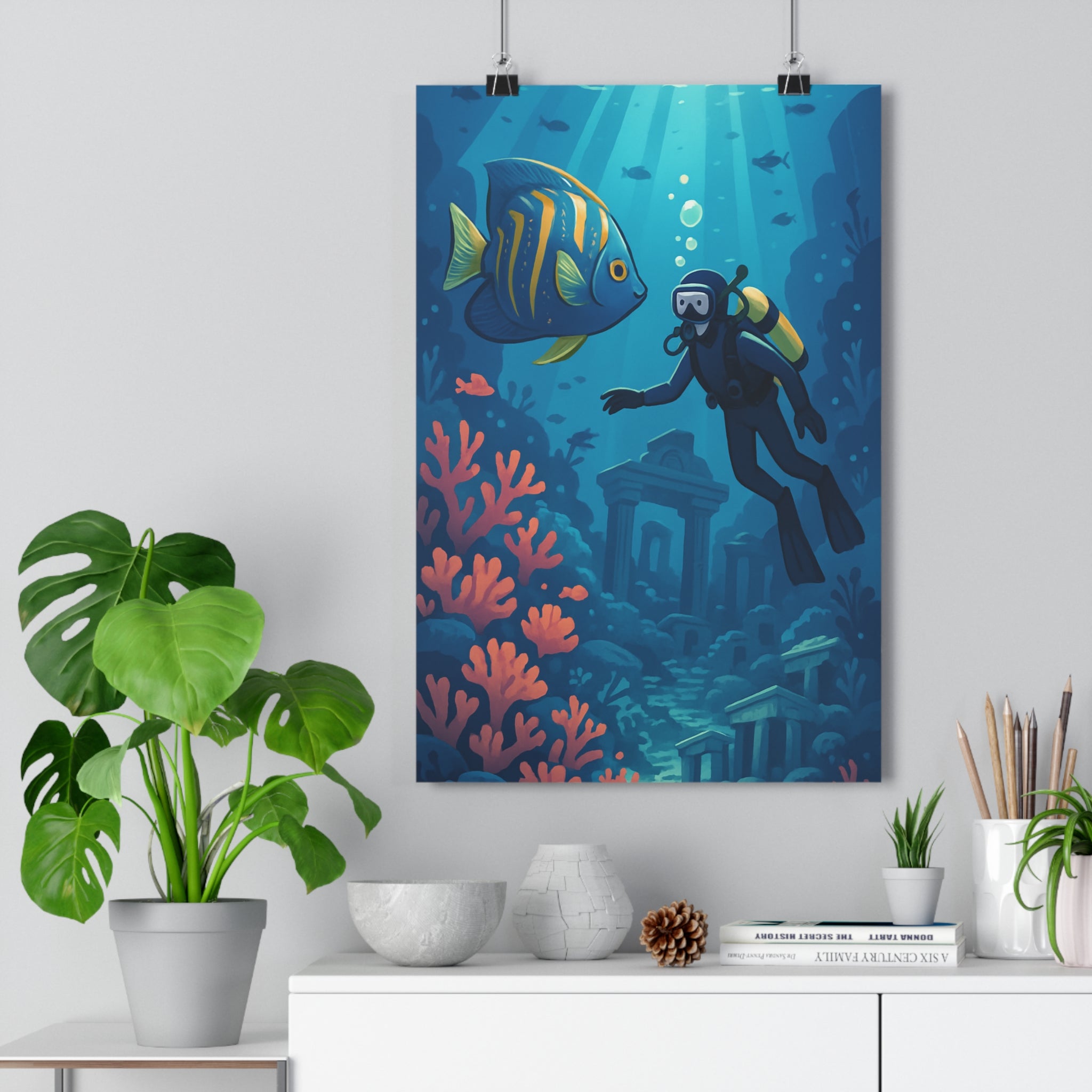 Poster décoratif scène animée bleu rouge aventure enfant chambre cartoon océan mystique plongeur poisson