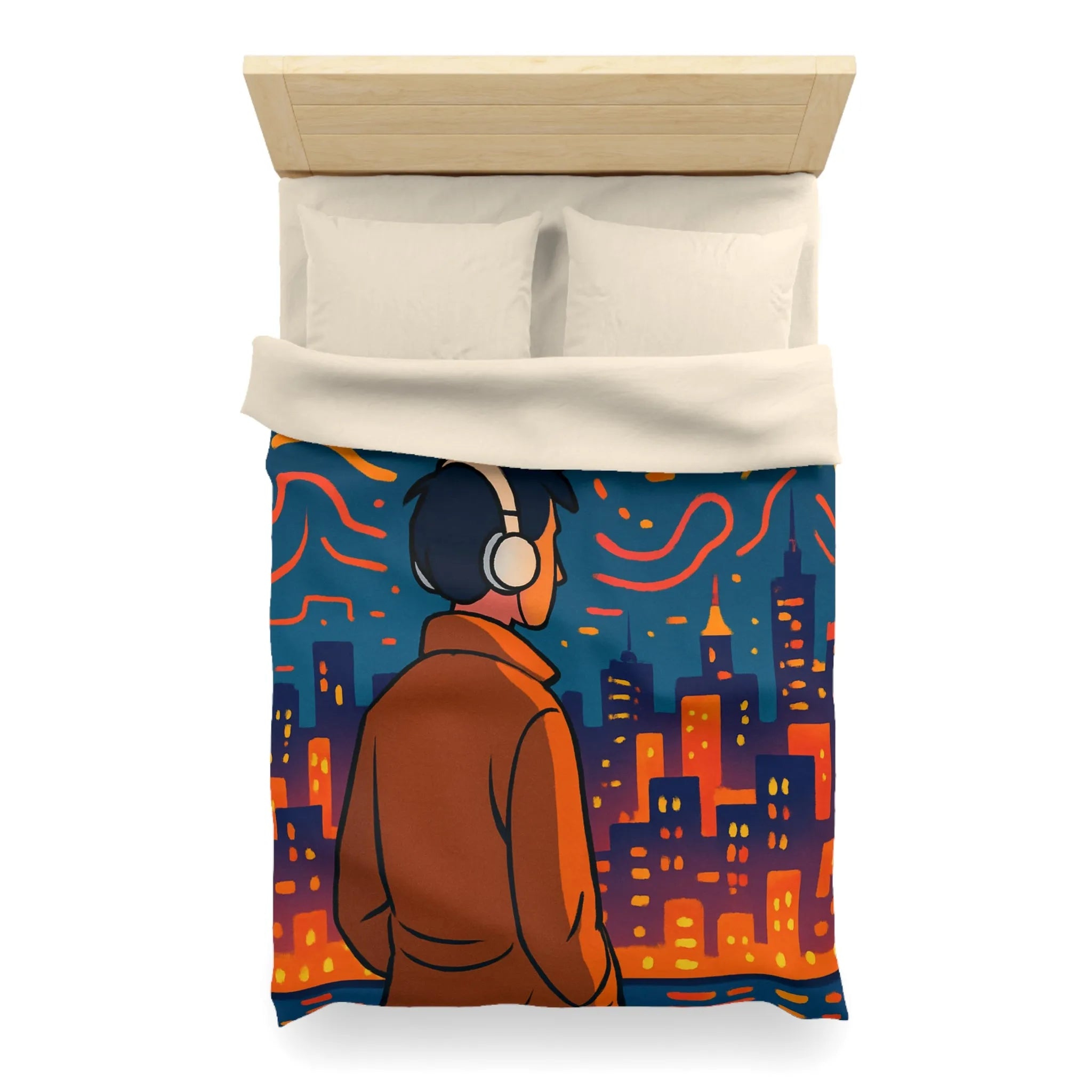 Housse de Couette avec Design Jeune Homme devant Ville Illuminée et Ciel Étoilé