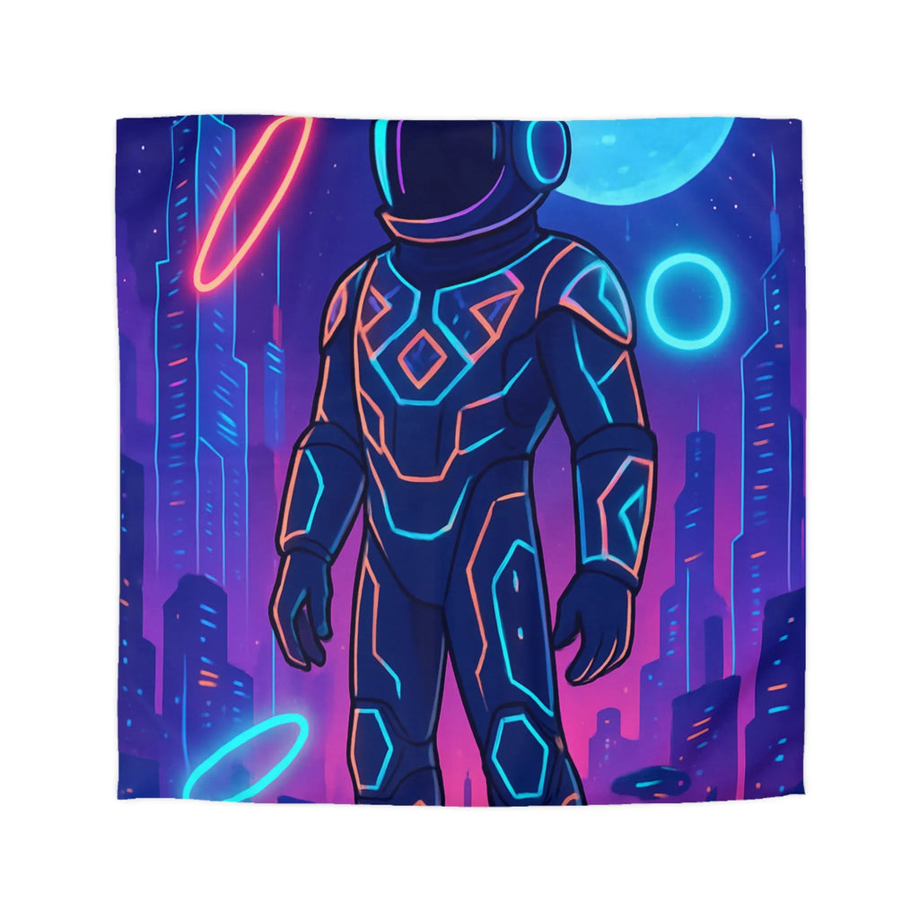 Housse de couette avec astronaute néon, skyline futuriste et vaisseaux spatiaux