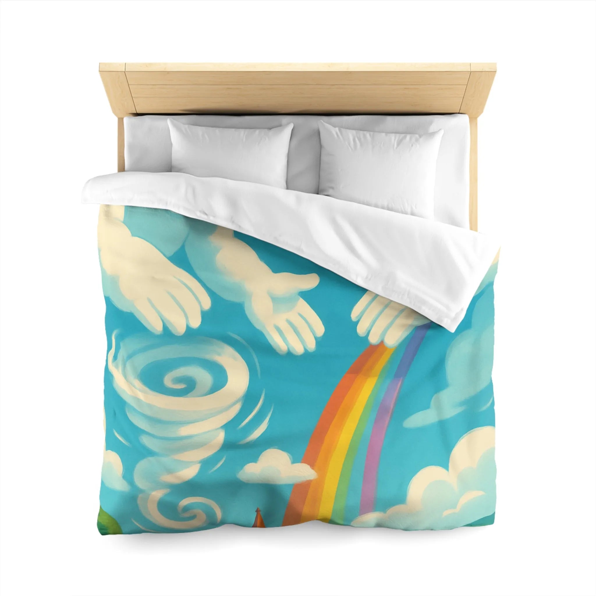 Art ludique de nuages souriants au-dessus d'un village teinté de couleurs vives