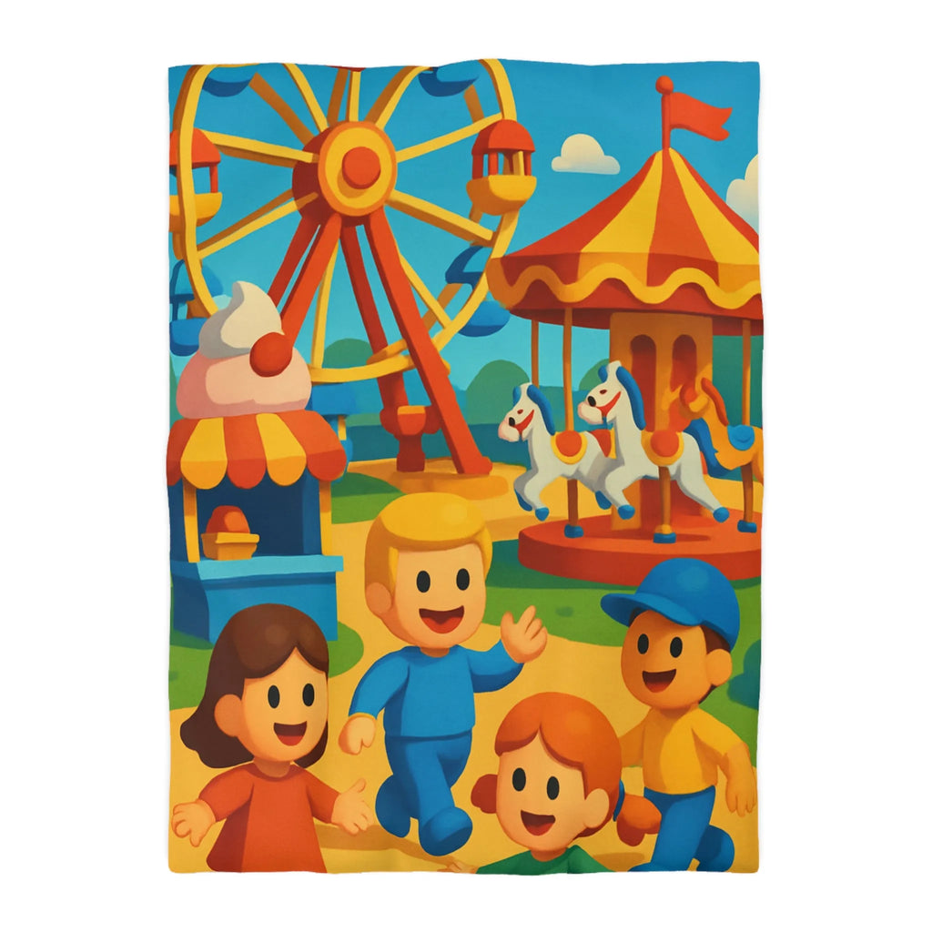 Housse de couette joyeuse avec motifs de fête foraine colorée et enfants souriants