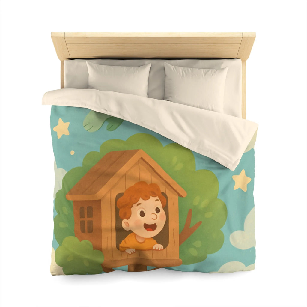 Housse de Couette Enfant Colorée avec Dragon, Maisonnette Arbre et Étoiles Féeriques