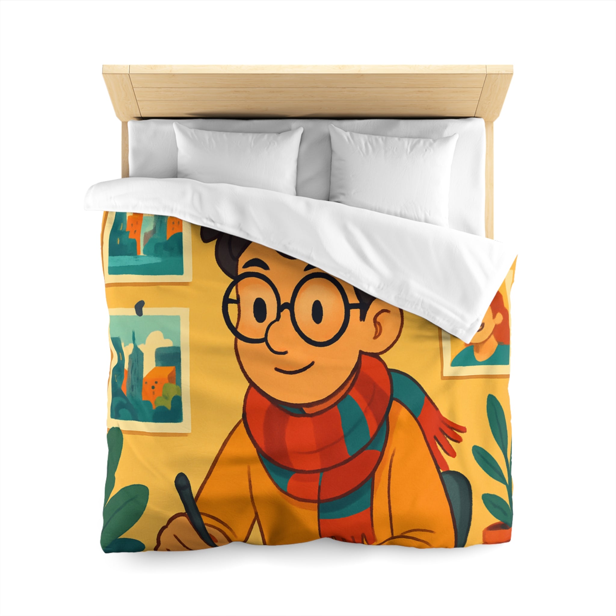 Housse de couette moderne avec illustrations colorées d'artiste travaillant dans un studio créatif