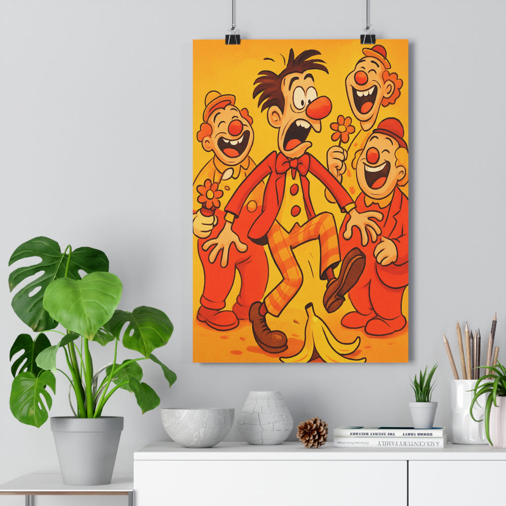 Poster décoratif cartoon couleurs vives rouge orange jaune joyeux salon bureau ambiance humoristique clowns