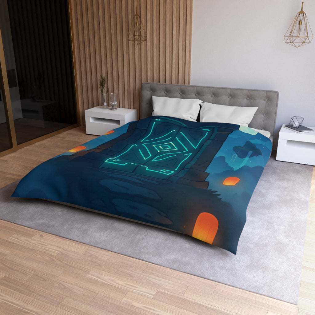 Housse de couette mystérieuse avec portail magique et lanternes flottantes sous ciel étoilé