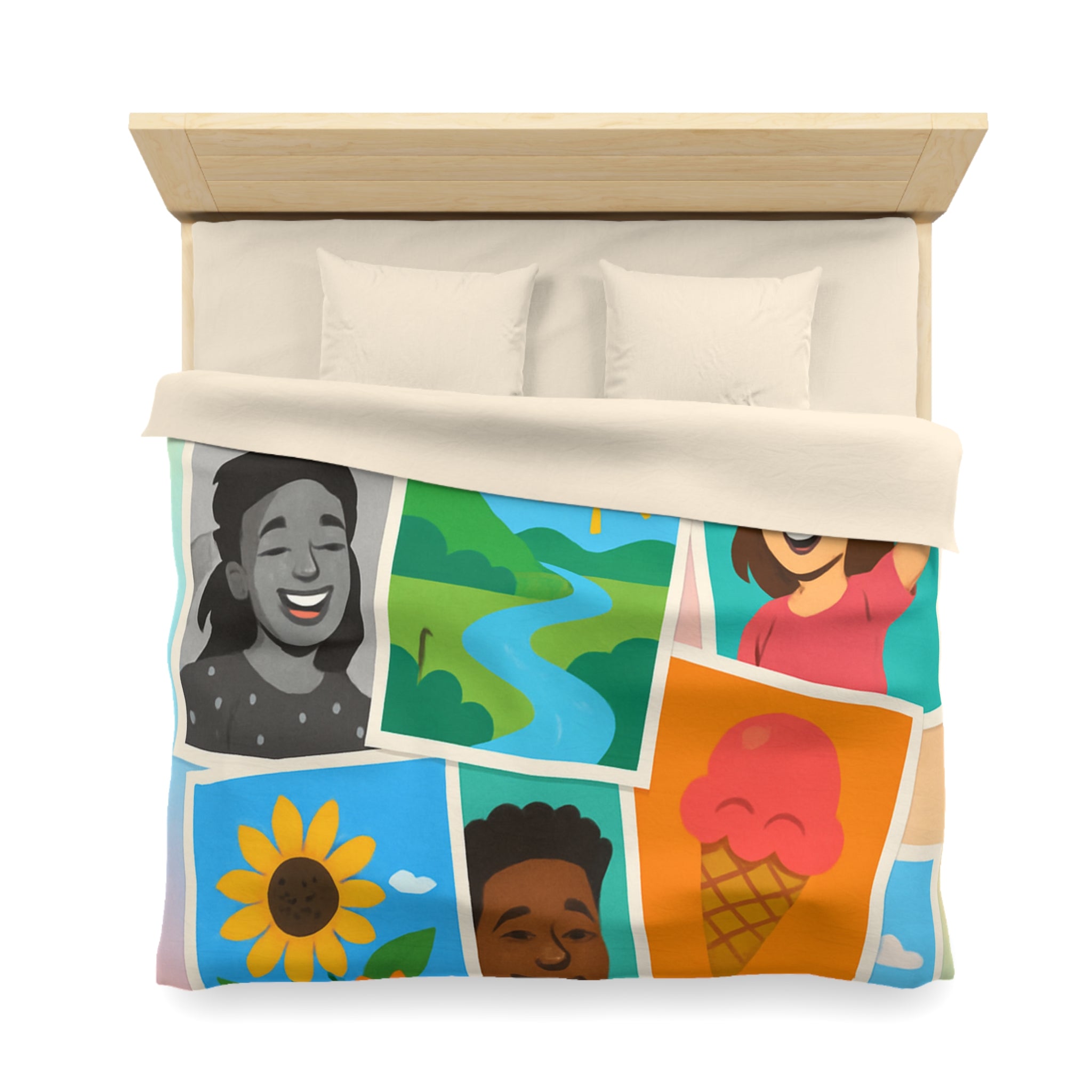 Vibrante housse de couette colorée avec portraits joyeux et paysages ensoleillés pour chambre