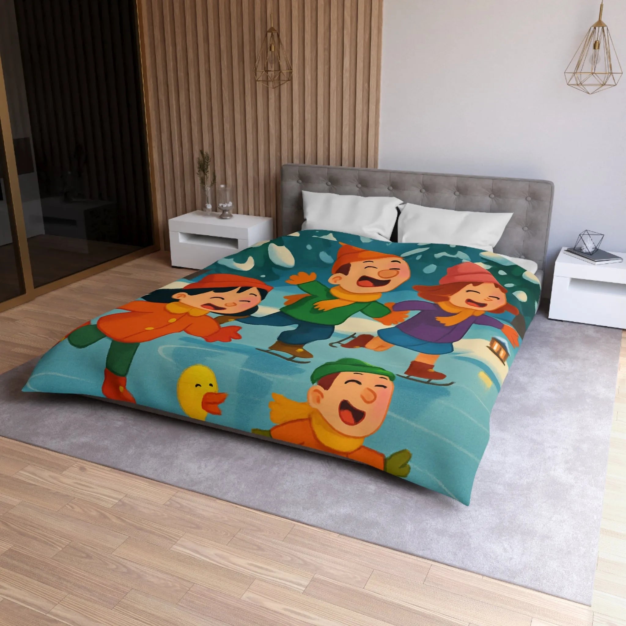Housse de couette hiver joyeuse avec enfants et petits canards patinant sur glace