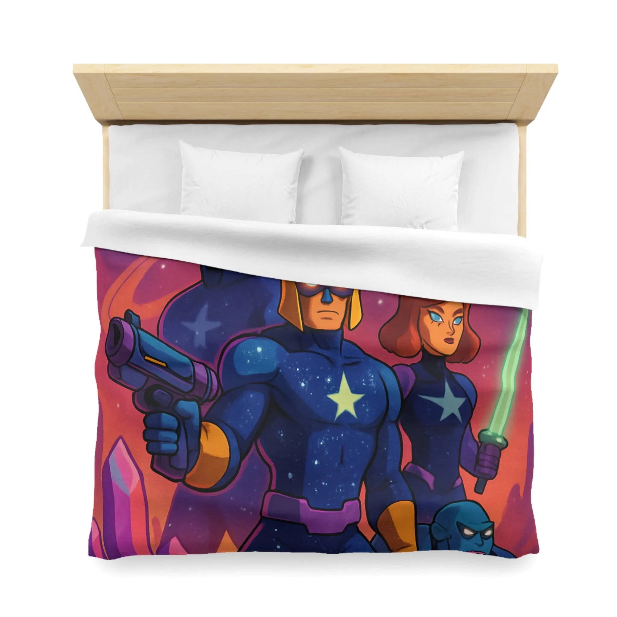 Équipe de héros galactiques armés dans une scène spatiale vibrante avec cristaux