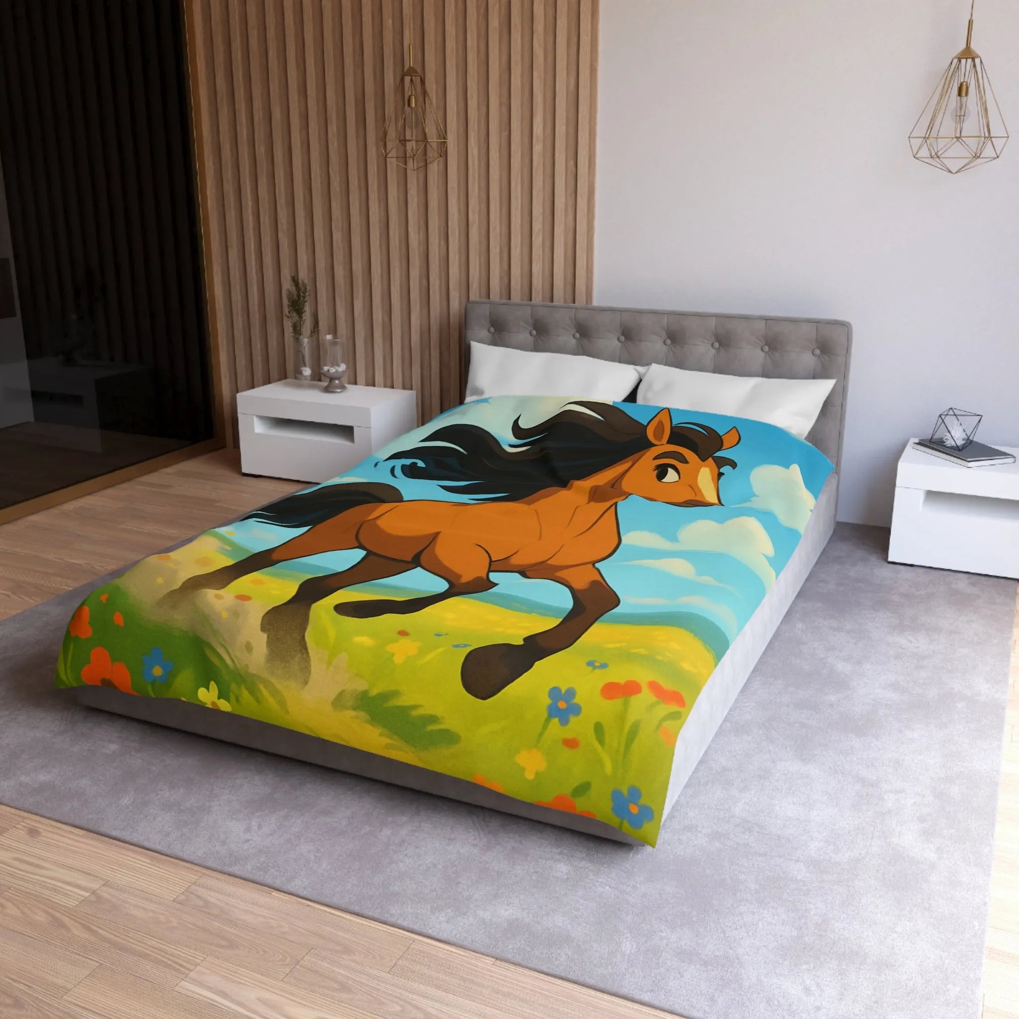 Housse de couette cheval couleur vive, prairie en fleurs, nuages, ciel bleu