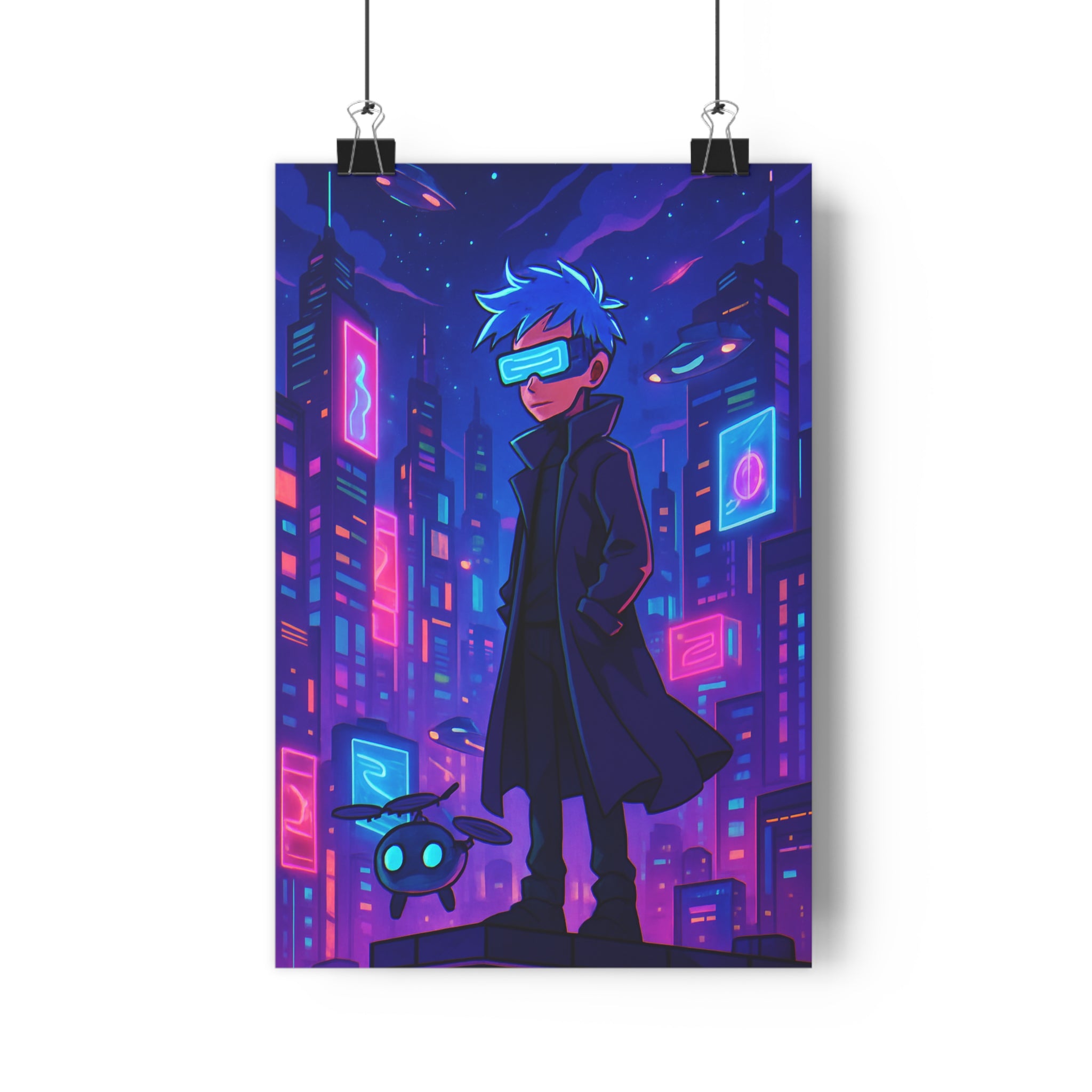 Poster décoratif futuriste néon bleu rose violet urbain moderne chambre salon ambiance dynamique qualité