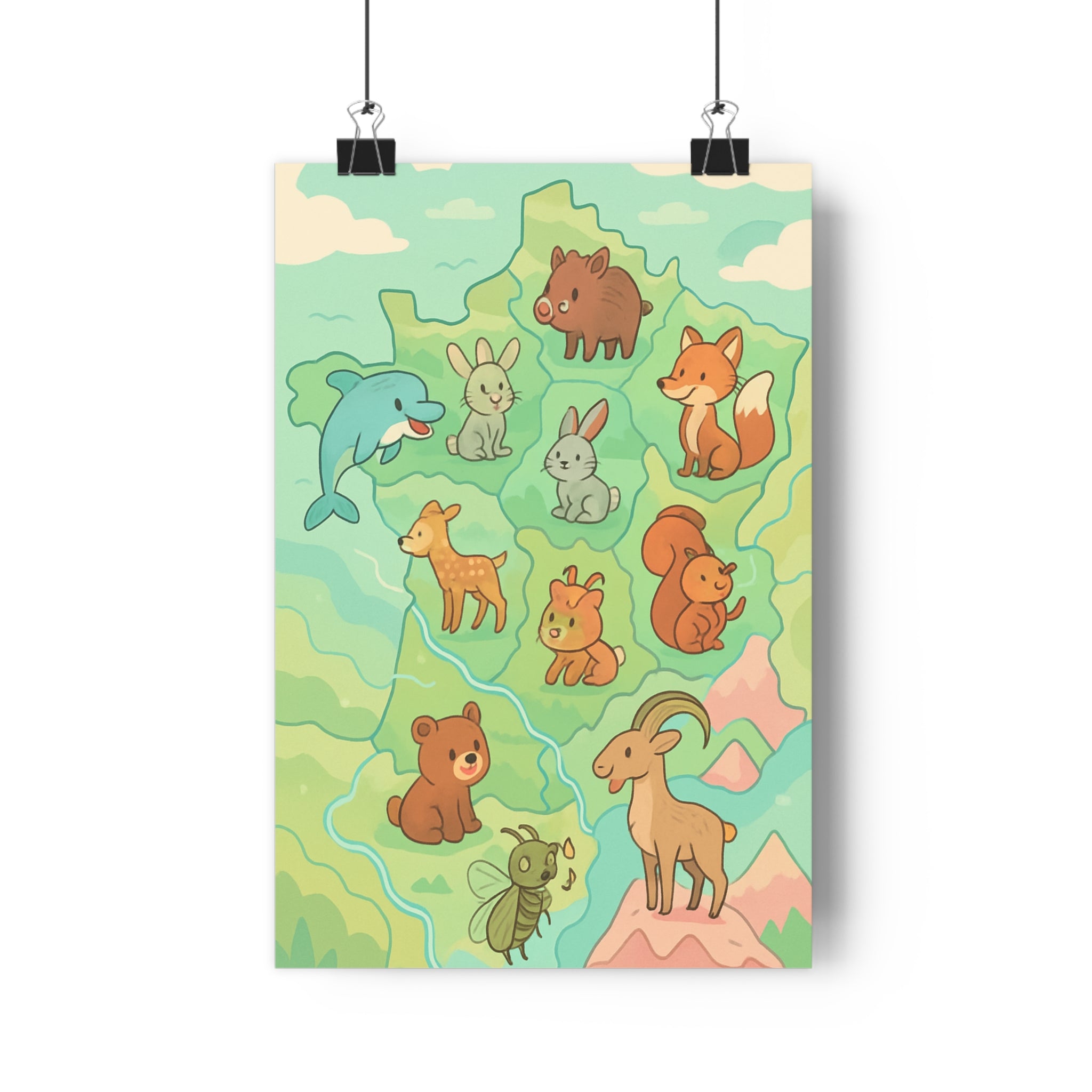 Poster décoratif carte France pastel aquarelle animaux ludique chambre enfant moderne joyeux coloré élégant