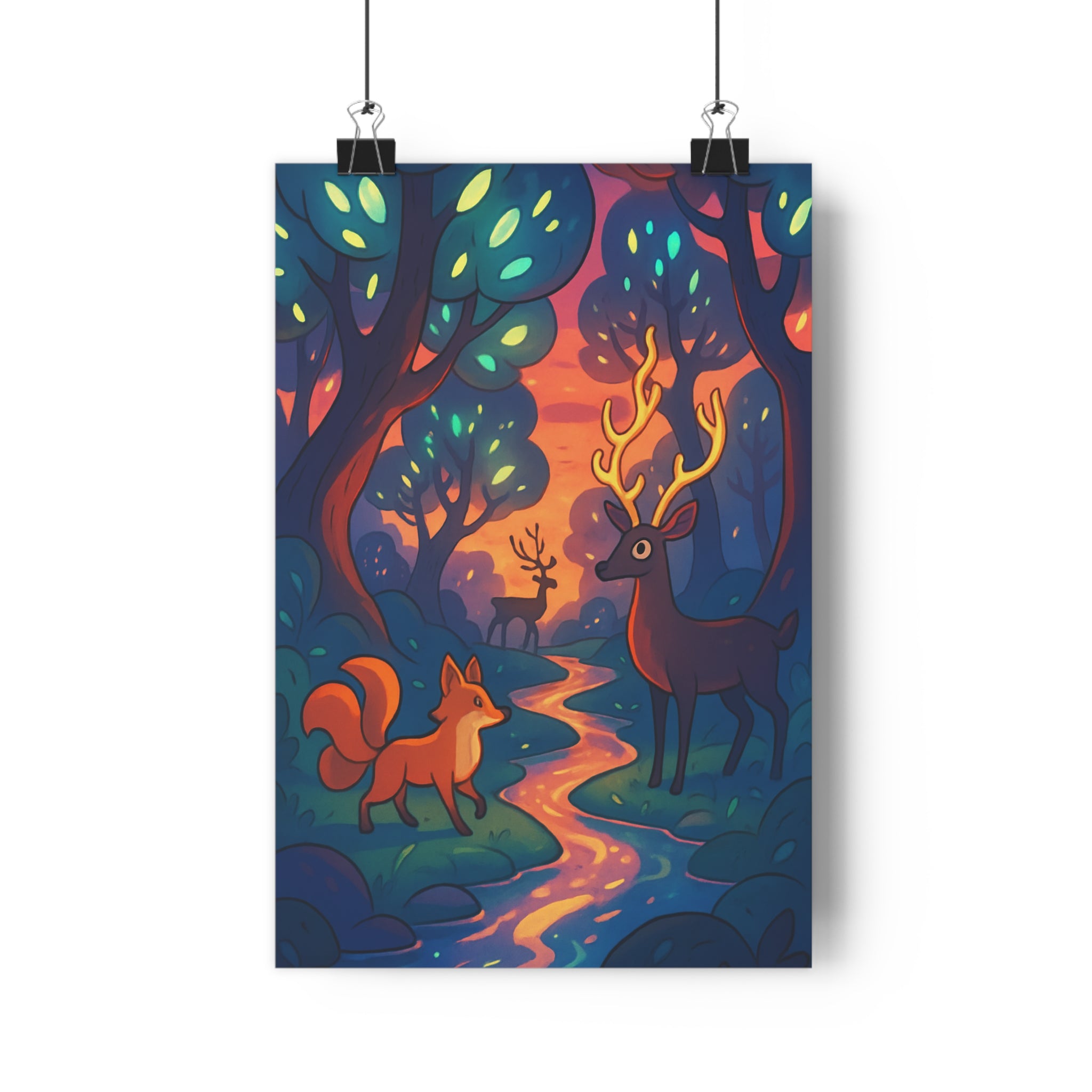 Poster décoratif enchanteur forêt crépuscule bleu rose magique chambre salon nature paisible animaux lumineux