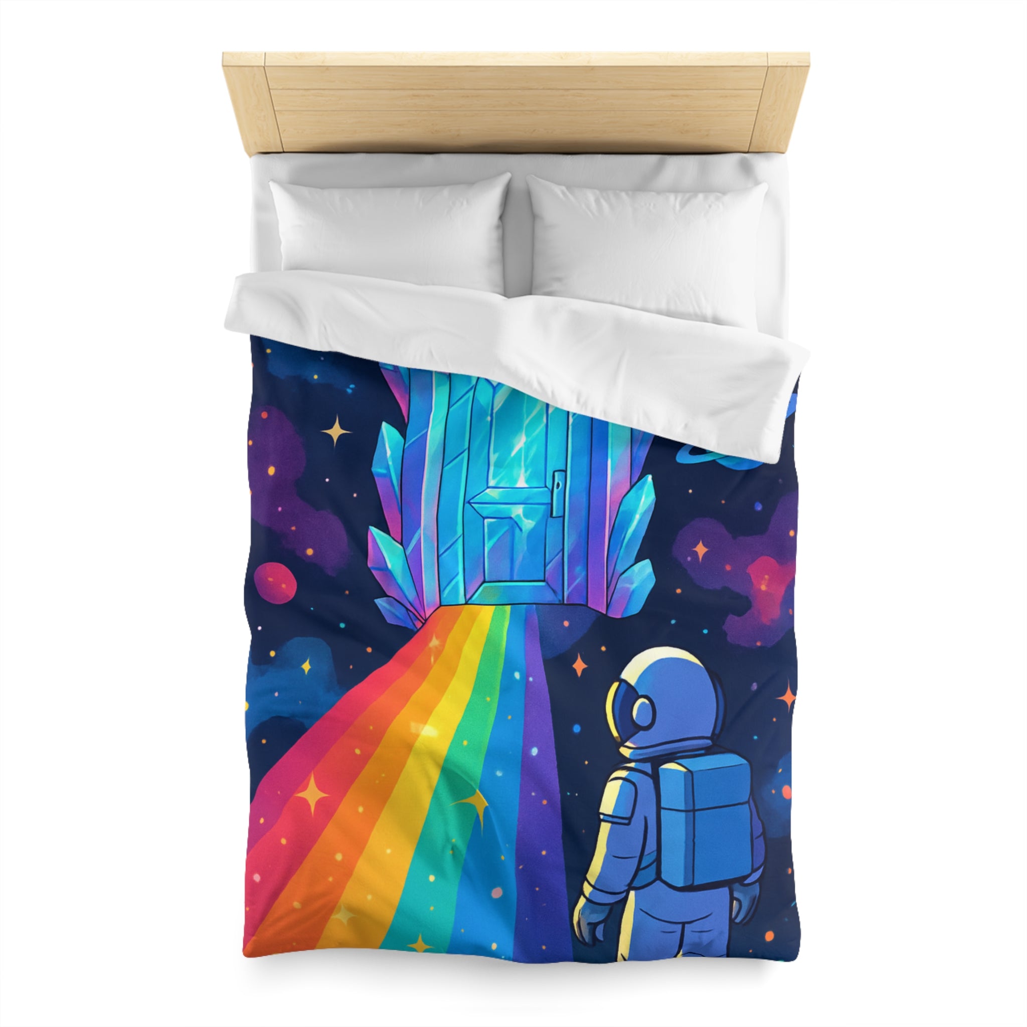 Housse de couette rêve cosmique : astronaute, porte de cristal et univers coloré