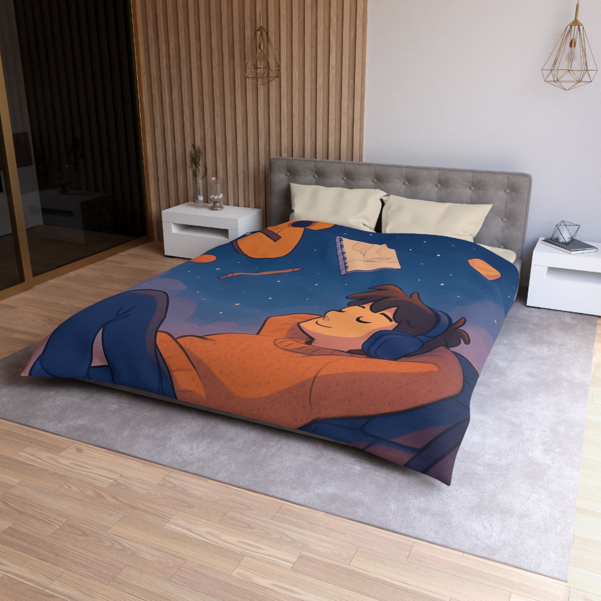 Housse de couette rêve étoilé avec guitare, planètes et rêverie d'artiste