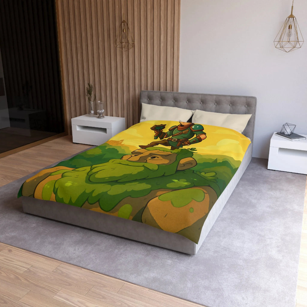 Housse de couette avec aventurier et géant de pierre, tons verts et jaunes