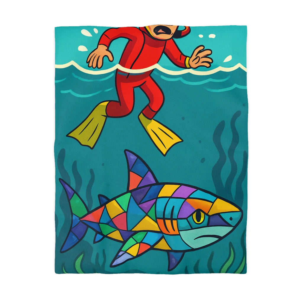Housse de couette colorée avec plongeur effrayé et requin multicolore