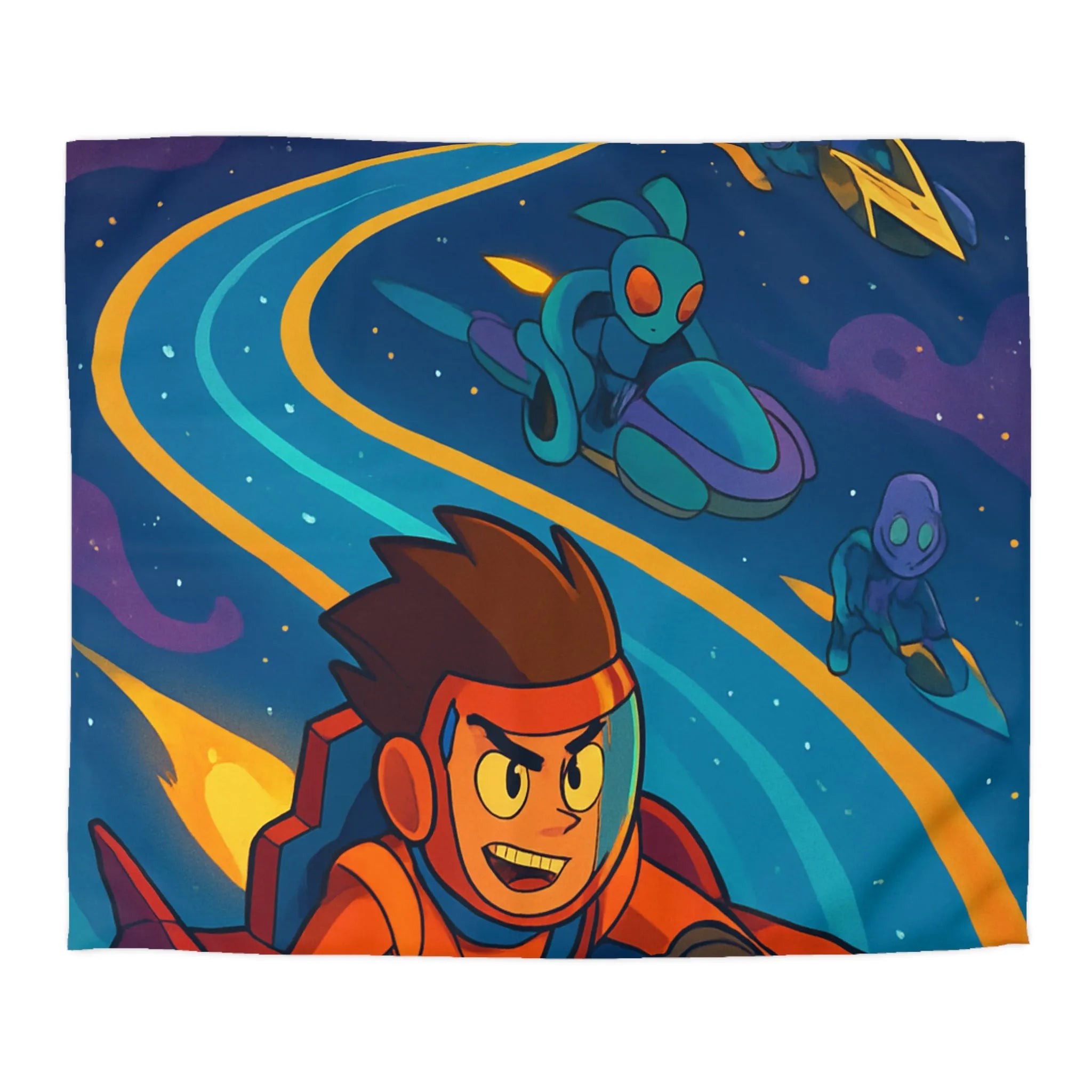 Housse de Couette Illustrée Espace avec Personnage et Vaisseaux pour Enfants Couleurs Vives