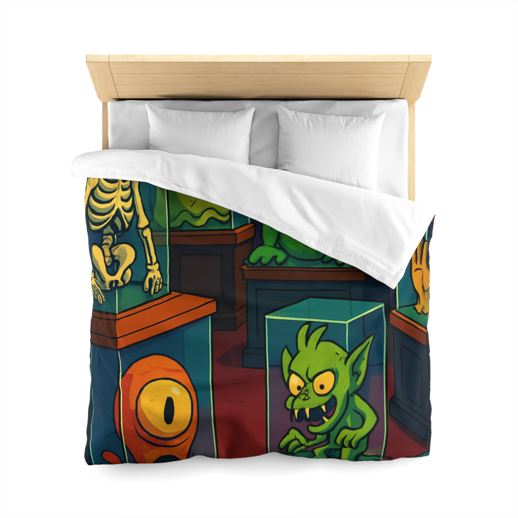 Housse de couette pour enfant avec monstres comiques dans un musée fantaisiste et coloré