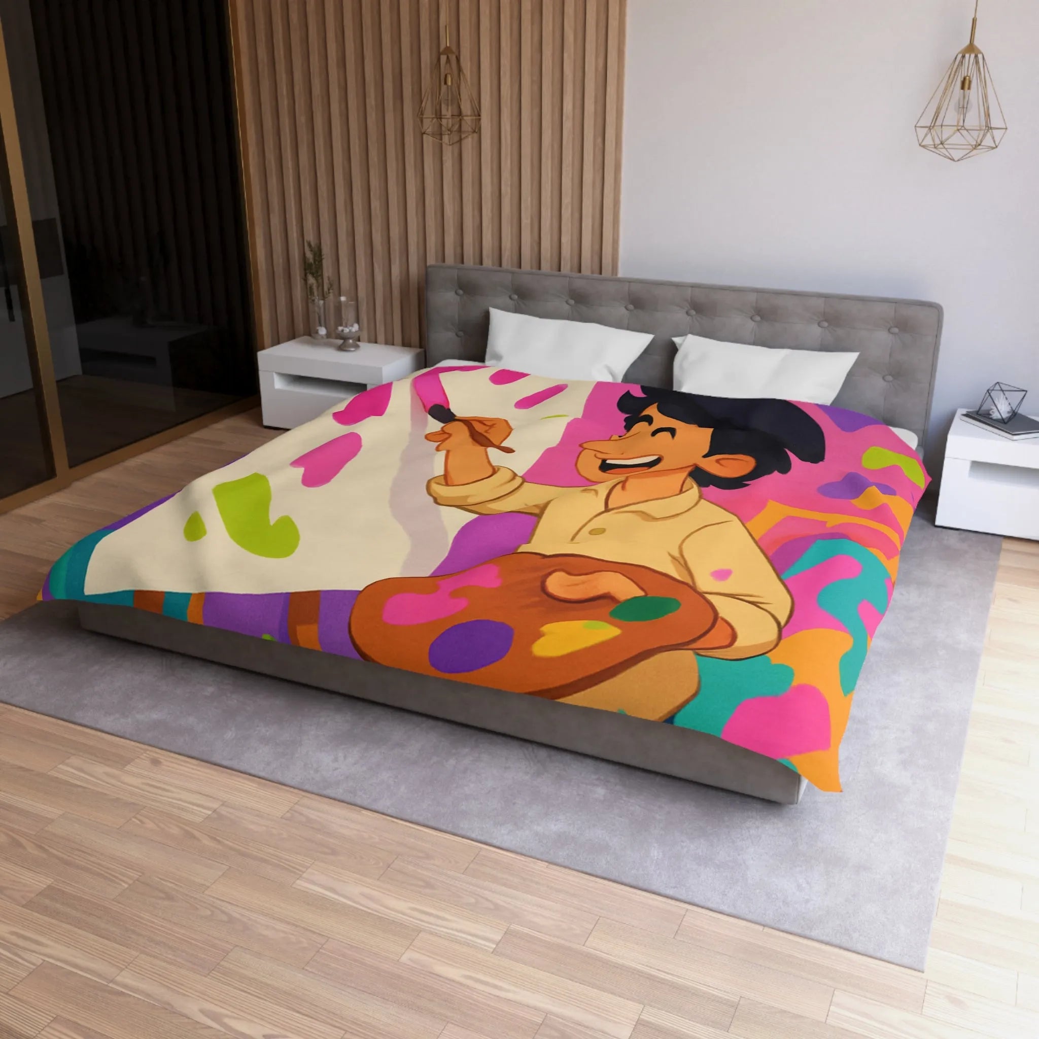 Housse de couette colorée avec artiste joyeux peignant des éclaboussures lumineuses abstraites