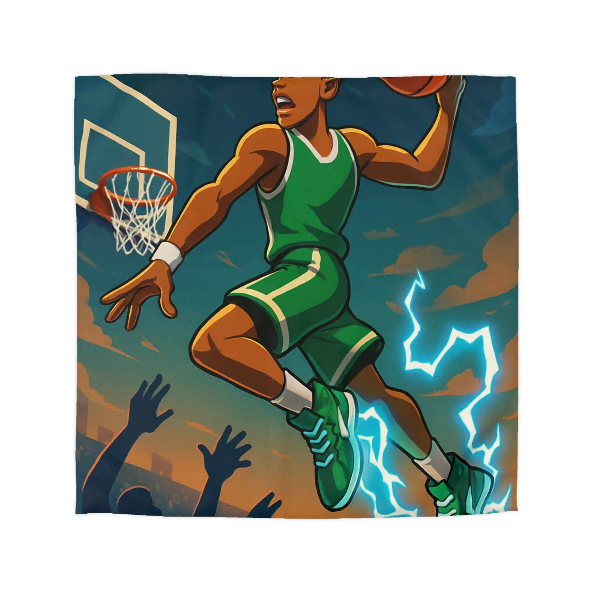 Housse de couette basket dynamique avec joueur en plein slam dunk lumineux