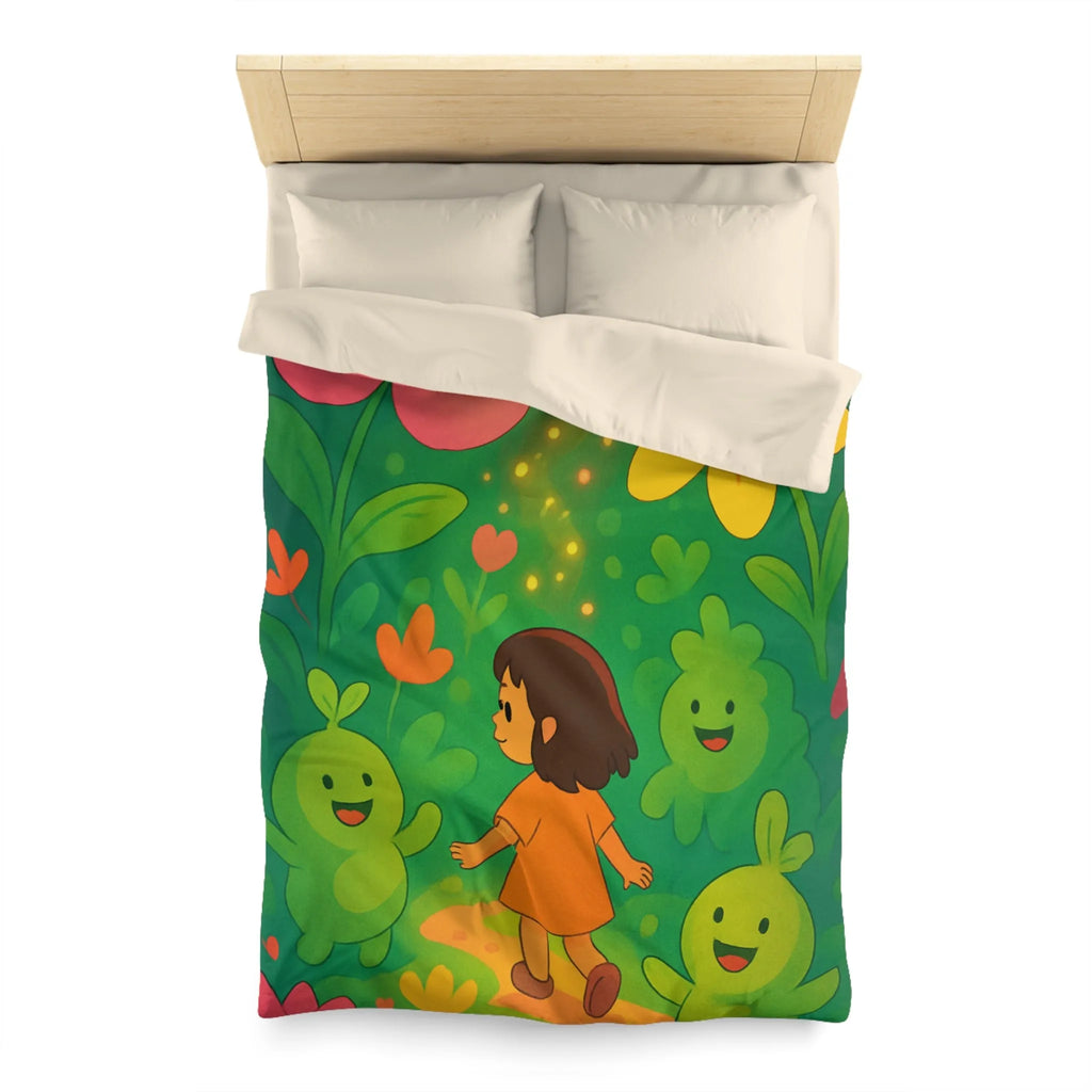 Housse de couette enfant avec fleurs colorées et créatures joyeuses dans forêt magique