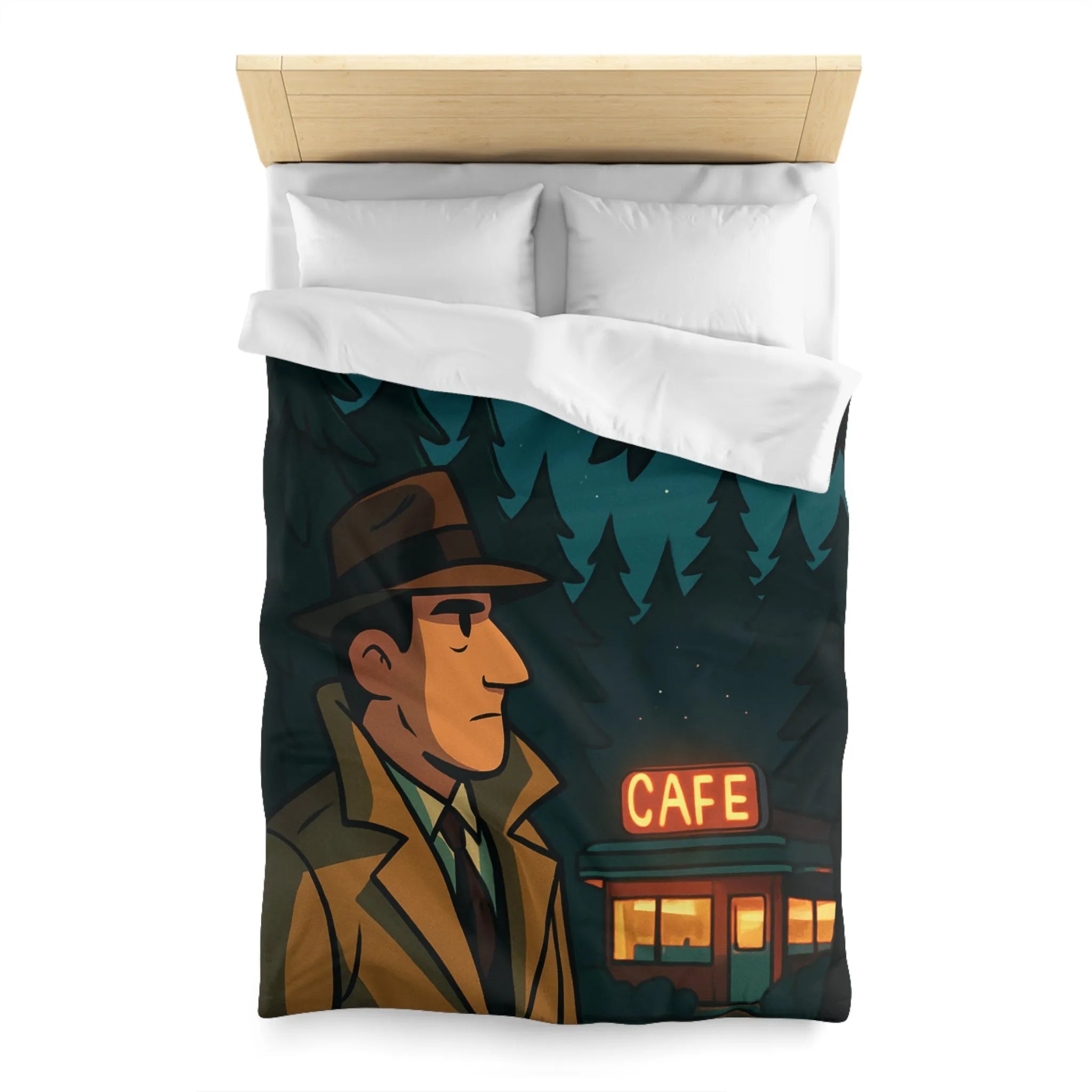 Housse de couette illustrée détective vintage, hibou mystérieux, forêt nocturne, café enchanteur