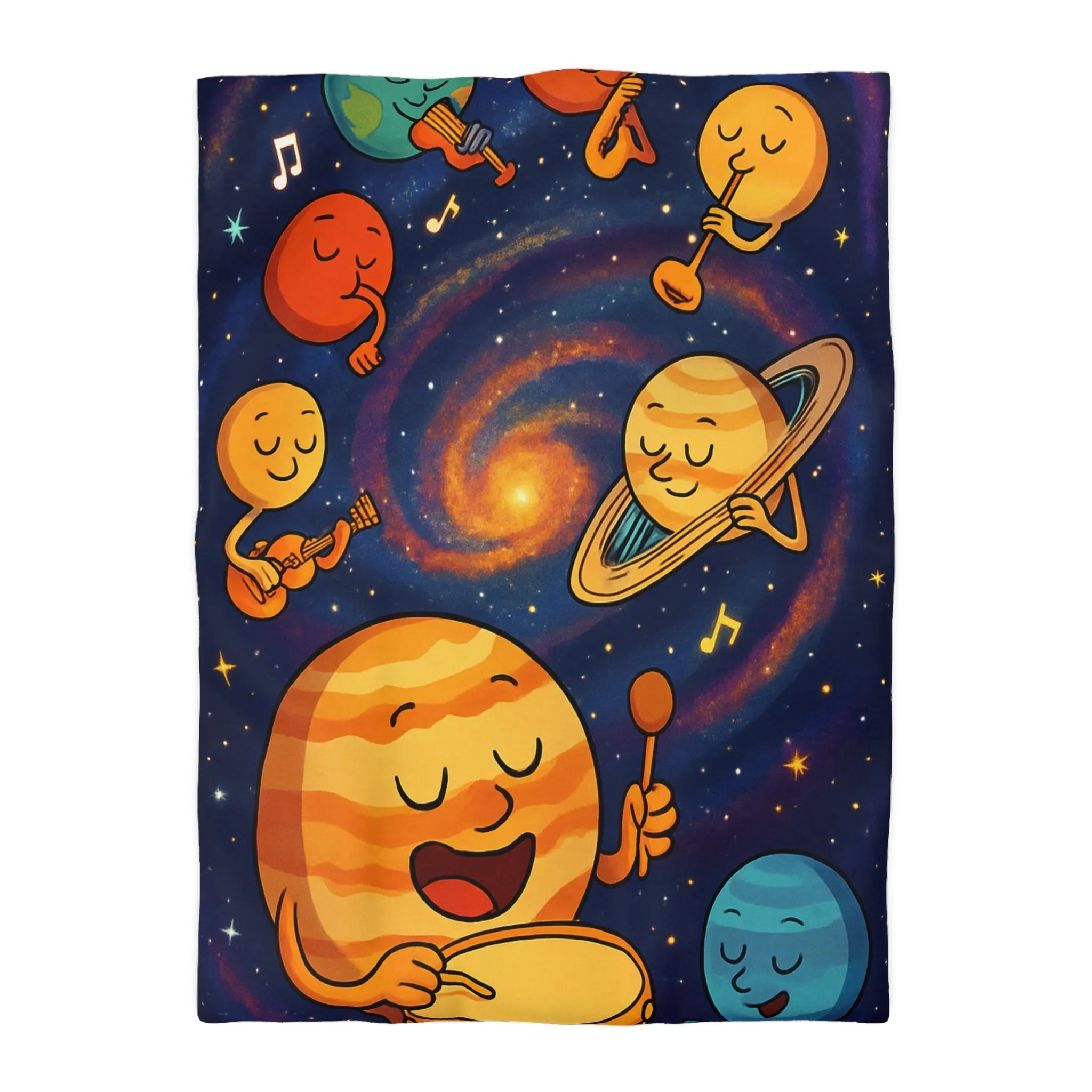 Ensemble joyeux de planètes musiciennes dans l'univers coloré pour housse de couette enfant