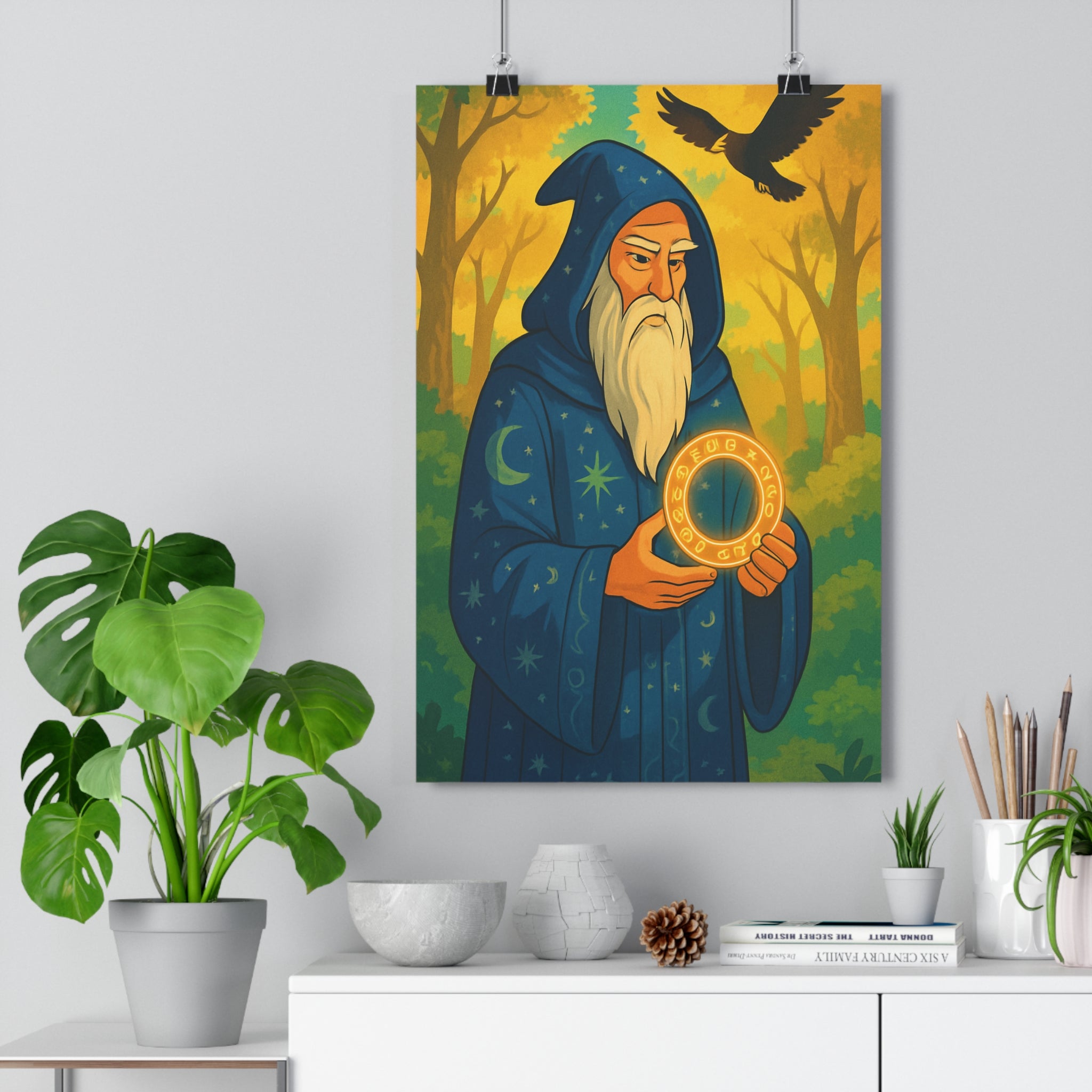 Poster décoratif sorcier bleu doré mystique magique chambre salon bureau art ambiance unique qualité