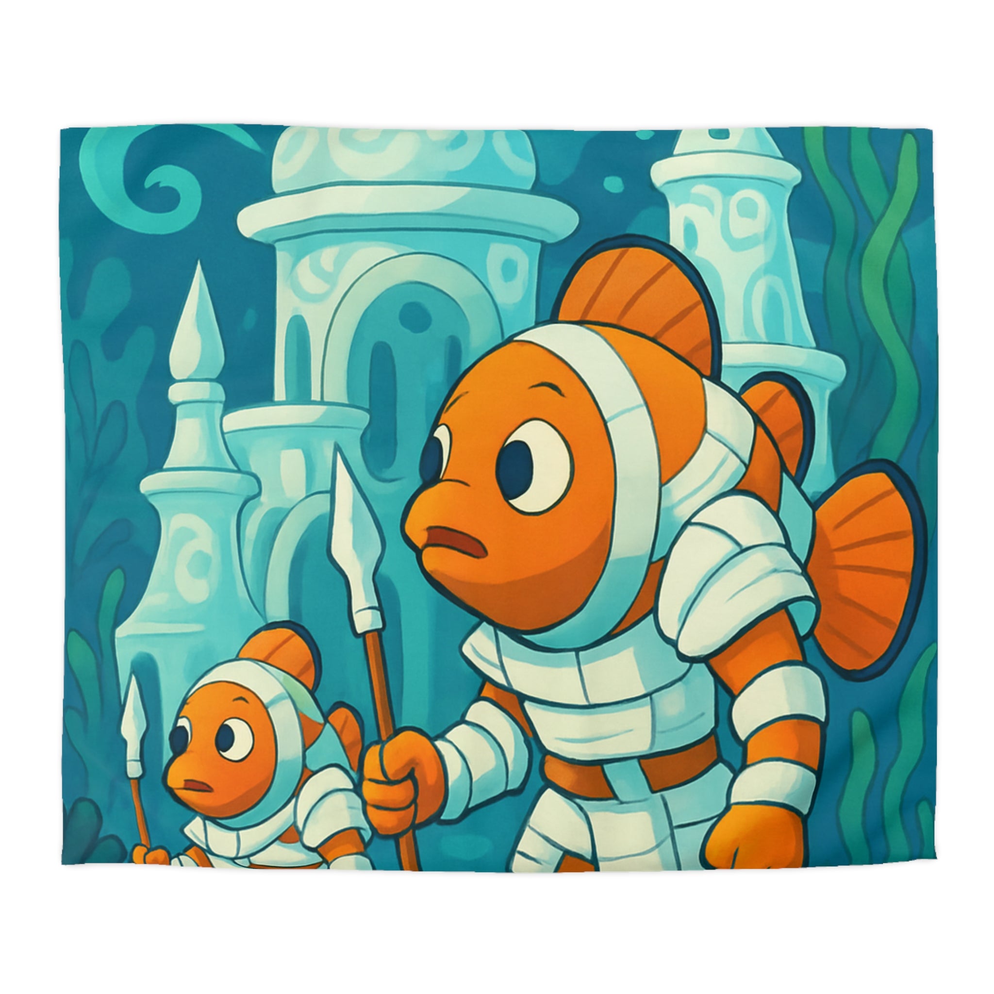 Intriguante housse de couette poissons en armure explorant un royaume sous-marin magique