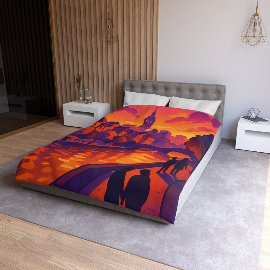 Vibrant paysage urbain crépusculaire avec silhouettes et rivière pour housse de couette