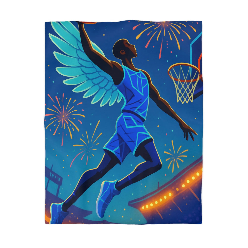 Housse de couette avec joueur de basket volant sous un ciel étoilé lumineux