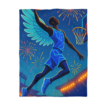 Housse de couette avec joueur de basket volant sous un ciel étoilé lumineux