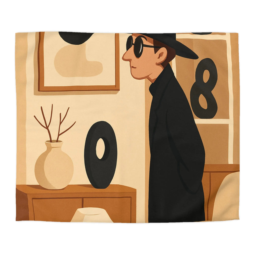 Élégant homme en noir dans salon moderne minimaliste aux accents artistiques abstraits