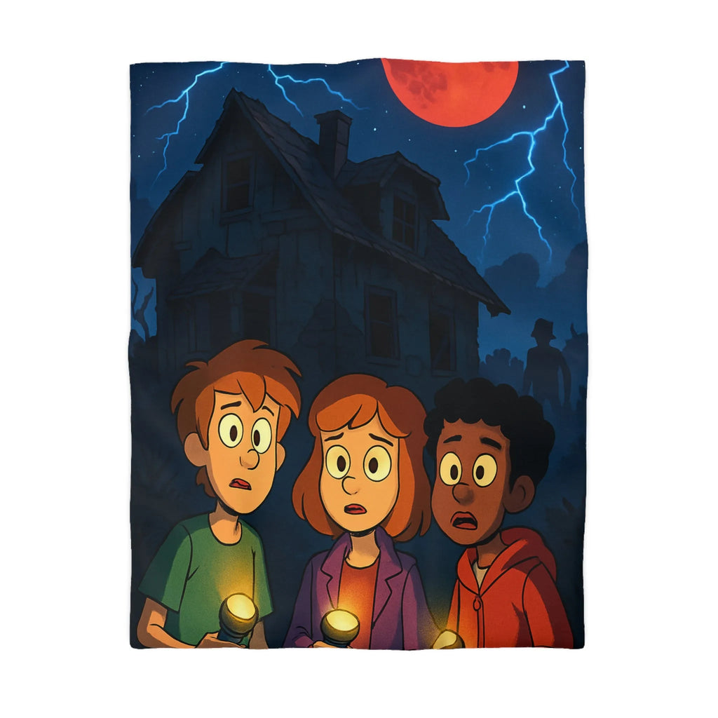 Housse de couette aventure mystérieuse, enfants explorant maison hantée sous lune rouge intrigante