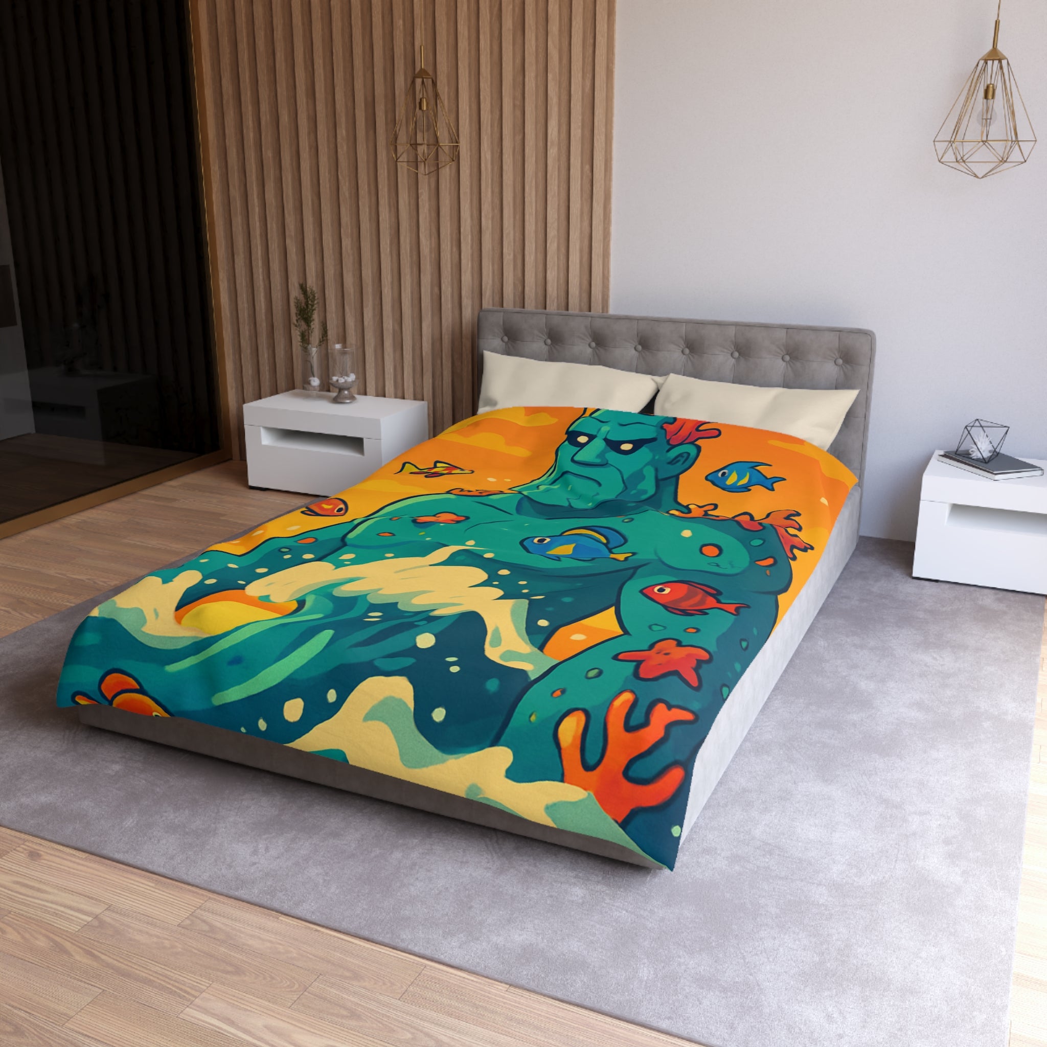 Housse de Couette Océanique avec Illustration Vibrante de Neptune et Poissons Multicolores