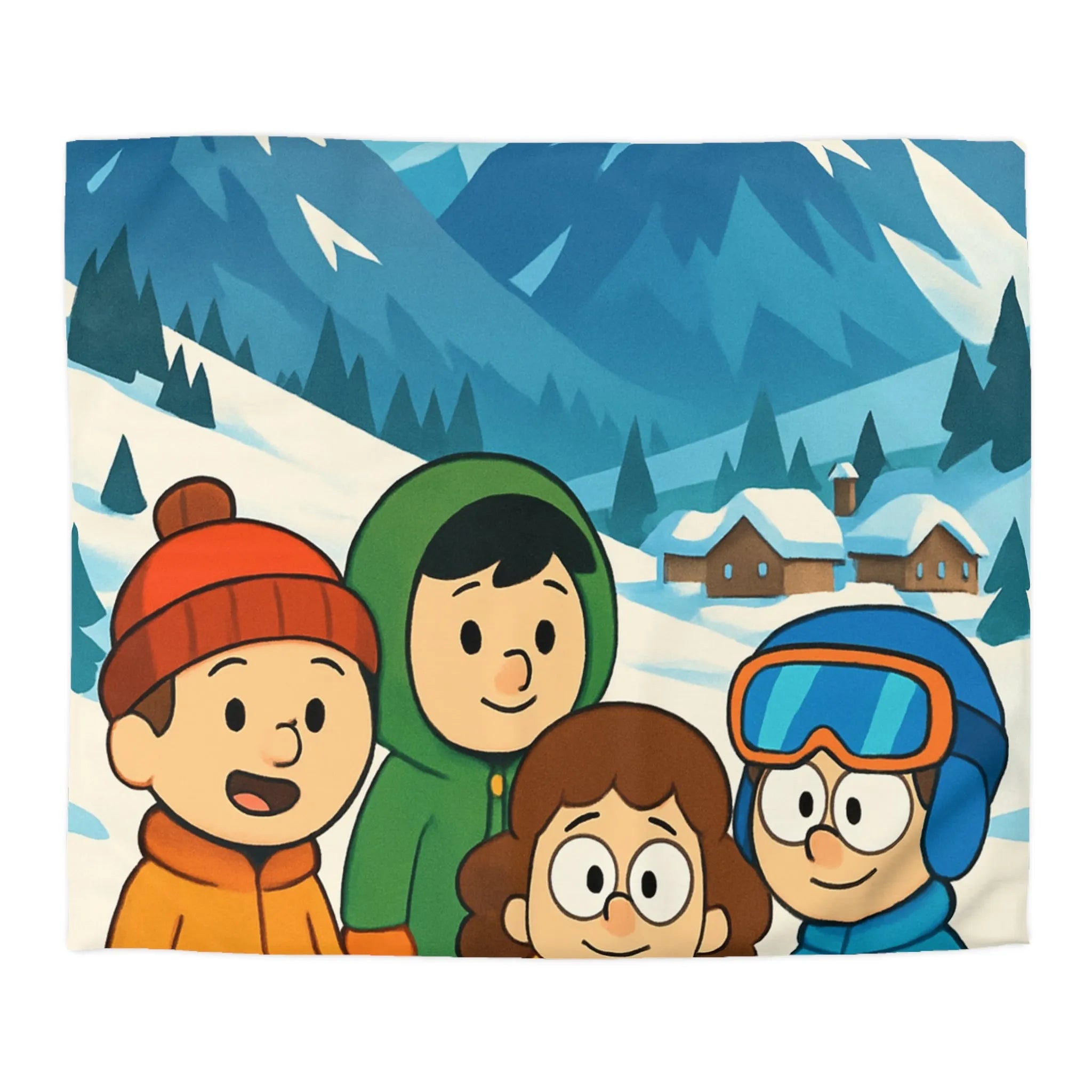 Housse de couette avec enfants joyeux et montagnes enneigées pour chambre d'enfant