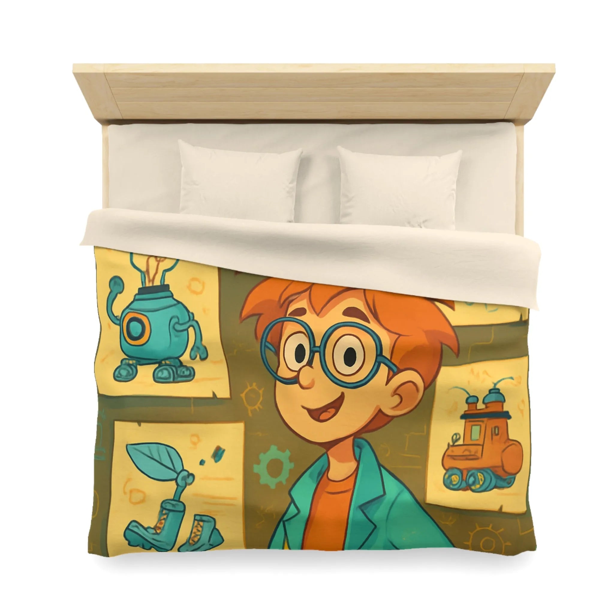 Housse de couette enfant motifs inventeur créatif pour chambre ludique et colorée