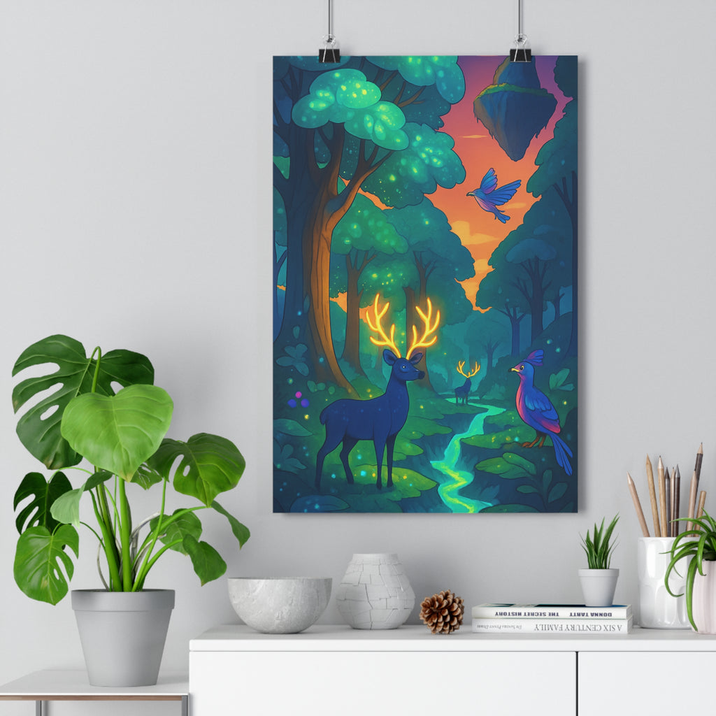 Poster décoratif paysage fantastique pastel lumineux forêt cerf crépuscule magique salon chambre apaisant qualité