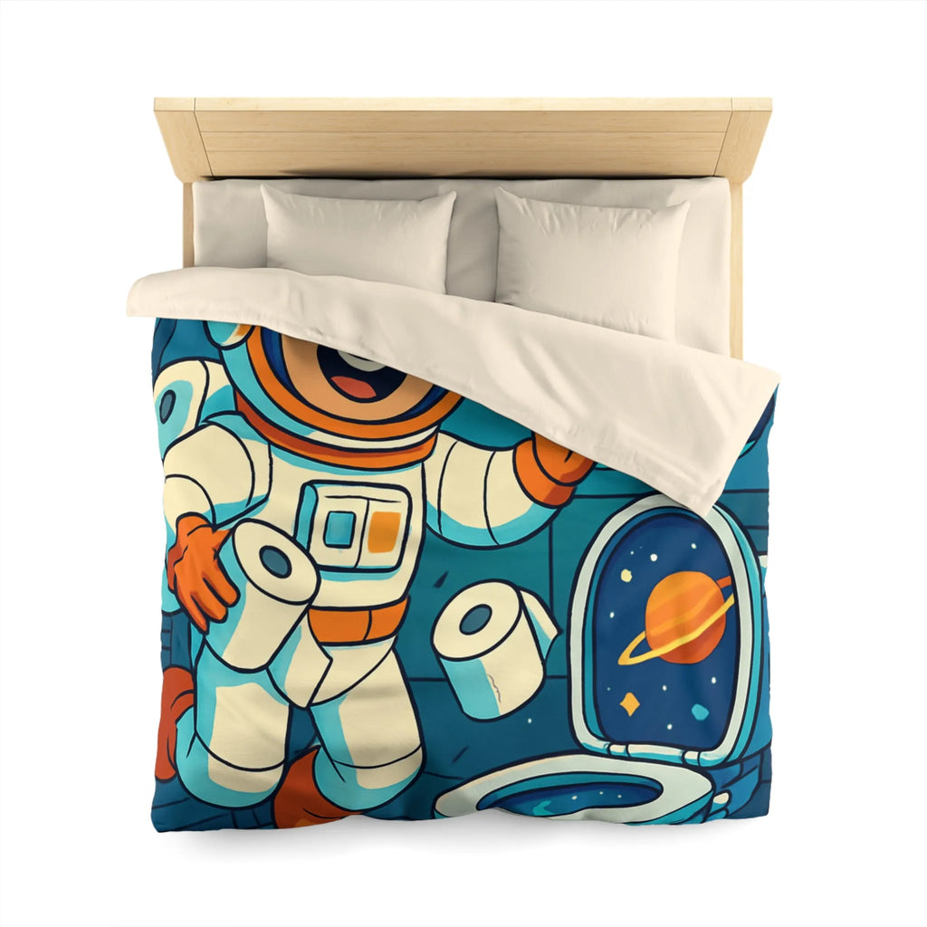 Housse de couette avec astronaute joyeux en cabine spatiale avec rouleaux flottants