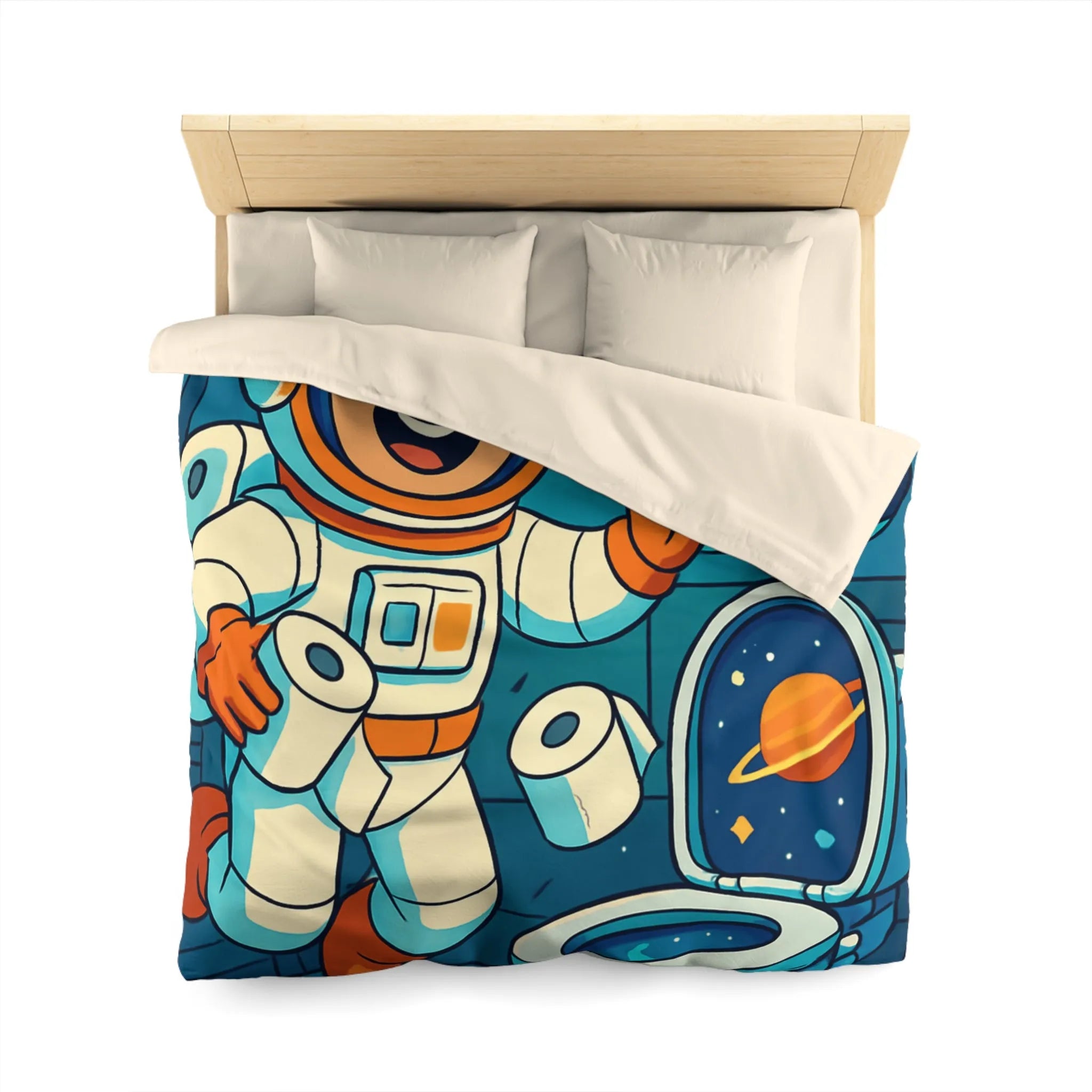 Housse de couette avec astronaute joyeux en cabine spatiale avec rouleaux flottants